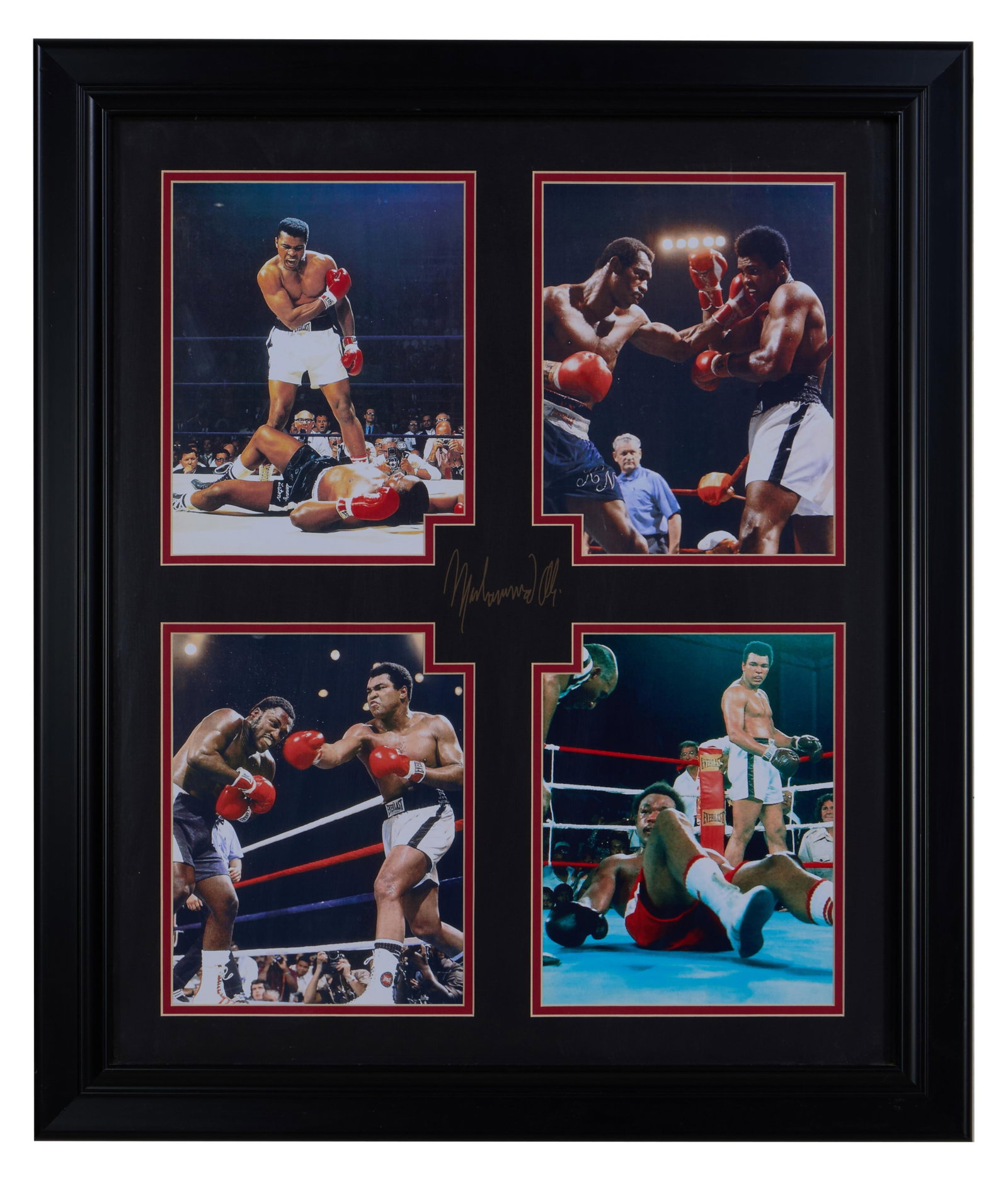Muhammad Ali Autographed Boxing Memorabilia, Overall- H.- 27 3/4 in., W.- 20 1/2 in.: Muhammad Ali Autographed Boxing Memorabilia, laser signed and inset with reprinted photographs from fights with Sonny Liston, in a black frame with plexiglass, Overall- H.- 27 3/4 in., W.- 20 1/2 in. 