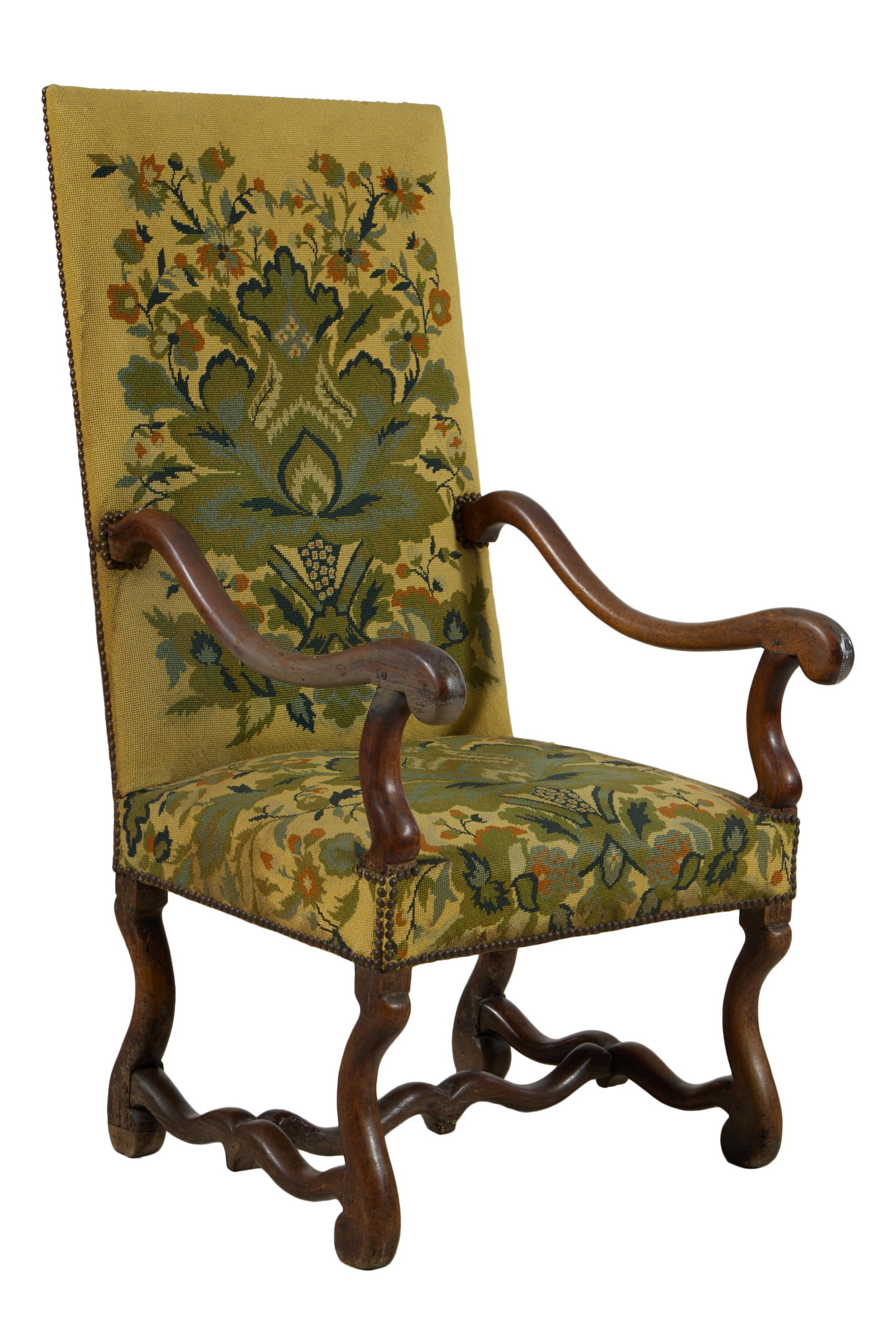French Louis XIII Os de Mouton Needlepoint Fauteuil, mid/late 19th c., H.- 47 1/4 in., W.- 24 in.,: French Louis XIII Os de Mouton Needlepoint Fauteuil, mid/late 19th c., the tall rectangular needlepoint back with sloped arms, trapezoidal seat, sheep bone shaped stretchered legs, H.- 47 1/4 in., W.-