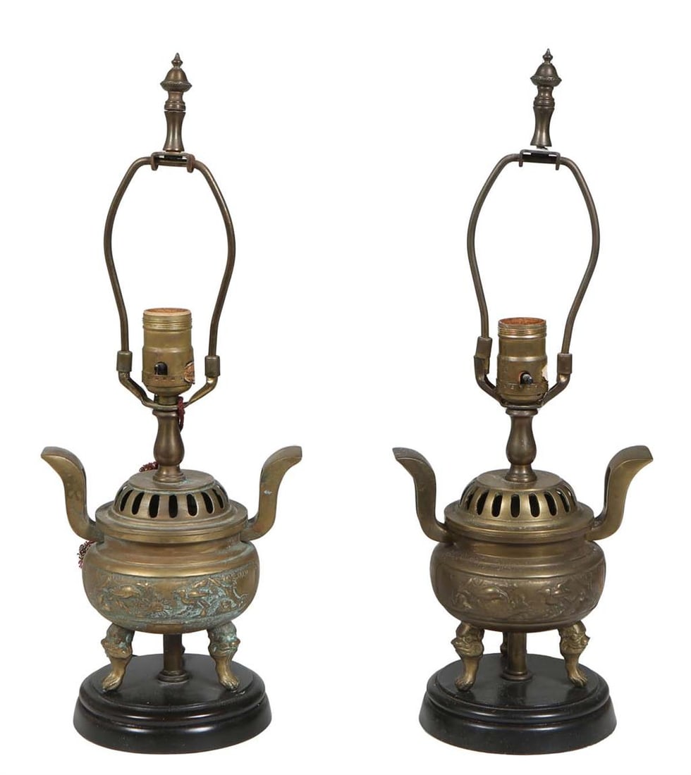 Pair of Chinese Brass Censers, early 20th c., Each- H.- 9 in., W.- 6 7/8 in., D.- 5 1/4 in. (2 Pcs.) (1 of 2)