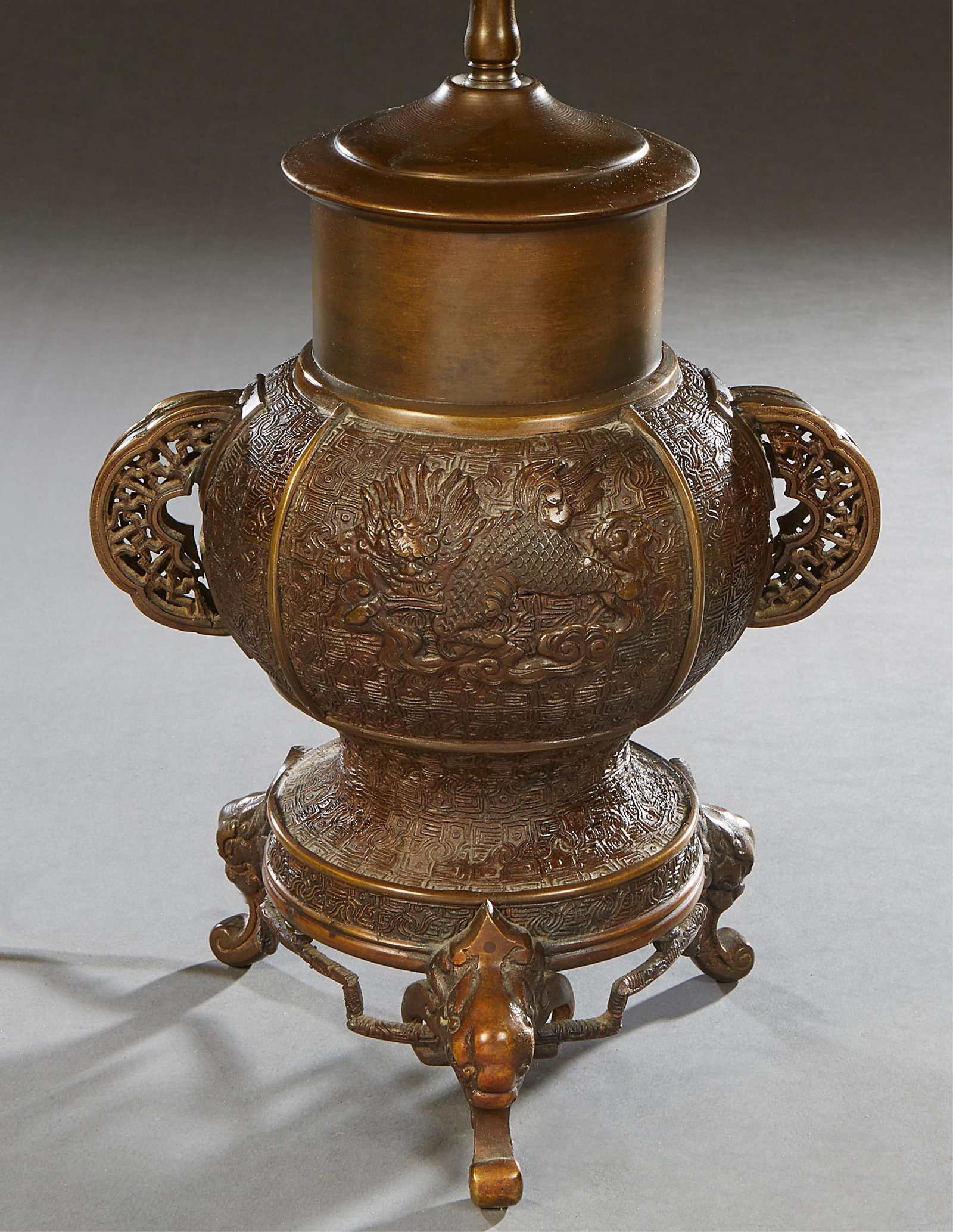 Japanese Patinated Bronze Urn, early 20th c., H.- 14 in., W.- 8 1/2 in., D.- 7 in. (1 of 2)
