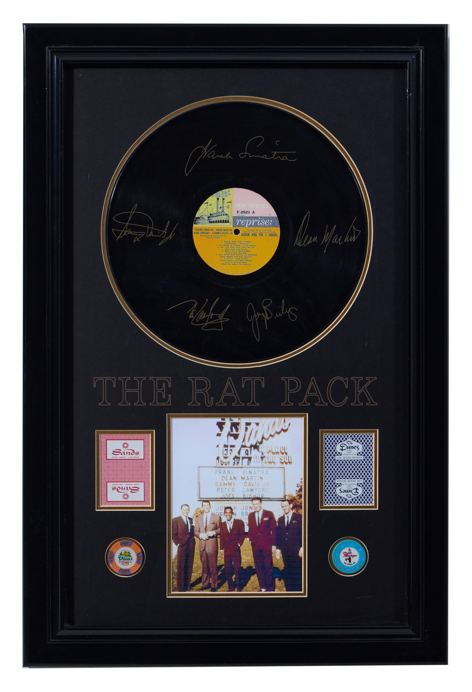 The Rat Pack Autographed Memorabilia, Overall- H.- 29 1/2 in., W.- 19 1/2 in.: The Rat Pack Autographed Memorabilia, with a laser-signed LP soundtrack from the motion picture "Robin and the 7 Hoods," presented with a color photograph of the Rat Pack in Vegas with playing cards a