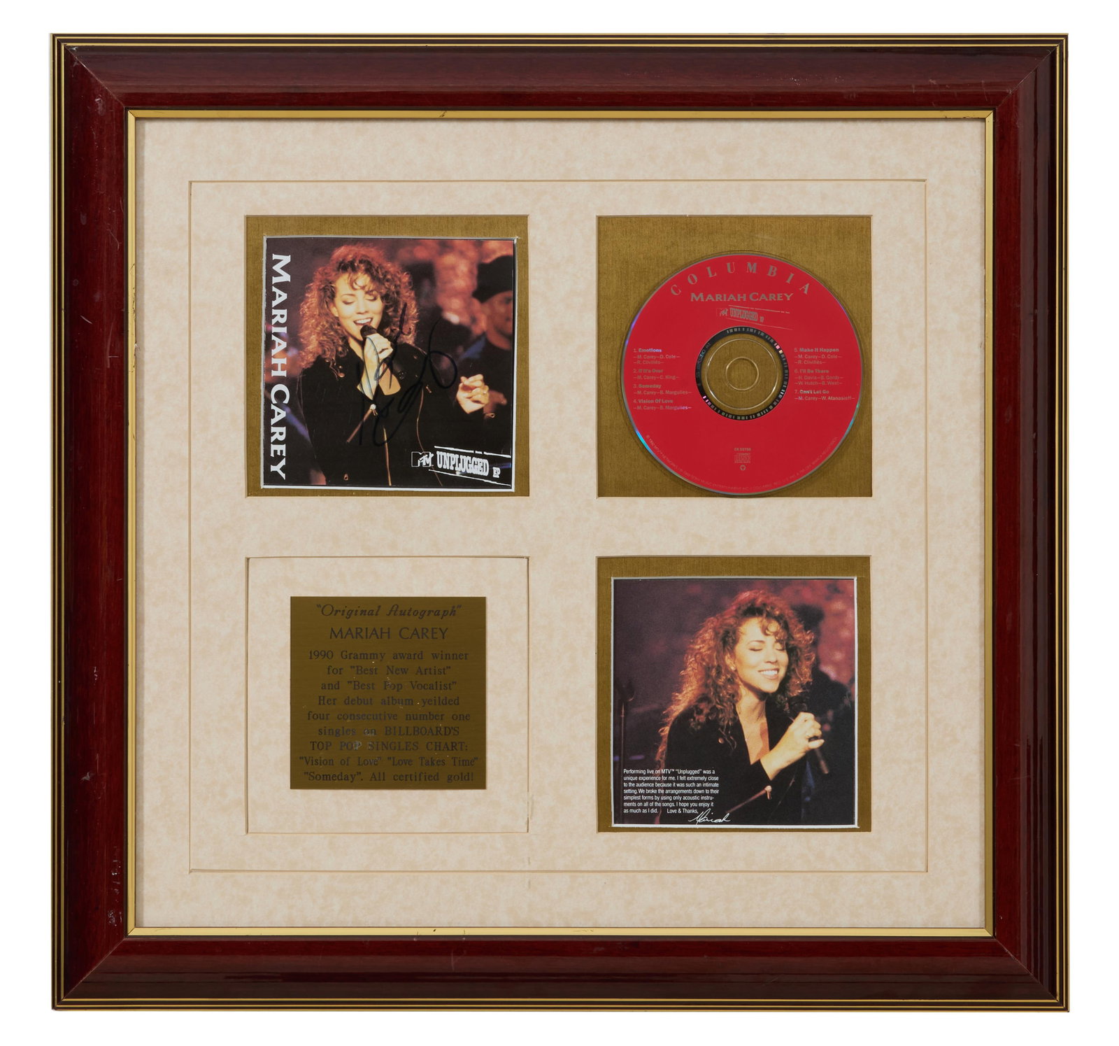 Mariah Carey "Unplugged" Memorabilia, Overall- H.- 18 1/2 in., W.- 19 1/2 in.: Mariah Carey "Unplugged" Memorabilia, with Columbia records CD, reproduced photos of front and back covers, the former signed and presented with a gold plaque, accompanied with a certificate of authen