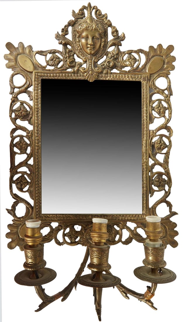 Unusual French Gilt Bronze Three Light Mirrored Wall Sconce, late 19th c., H.- 19 in., W.- 11 1/2 (1 of 1)