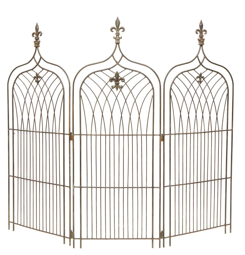 Wrought Iron Folding Three Panel Screen, 20th c., H.- 81 1/2 in., W.- 93 in.: Wrought Iron Folding Three Panel Screen, 20th c., each arched panel topped with a fleur-de-lis above a lower relief fleur-de-lis, H.- 81 1/2 in., W.- 93 in.