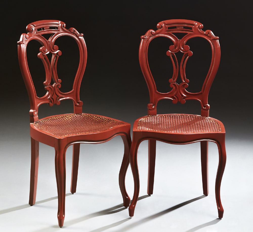 Pair of Louis XV Style Polychromed Medallion Back Side Chairs, 20th c., Each- H.- 37 in., W.- 17 3/4: Pair of Louis XV Style Polychromed Medallion Back Side Chairs, 20th c., the arched back with a C-scroll splat, to a bowed cane seat, on cabriole legs with toupie feet, Each- H.- 37 in., W.- 17 3/4 in.