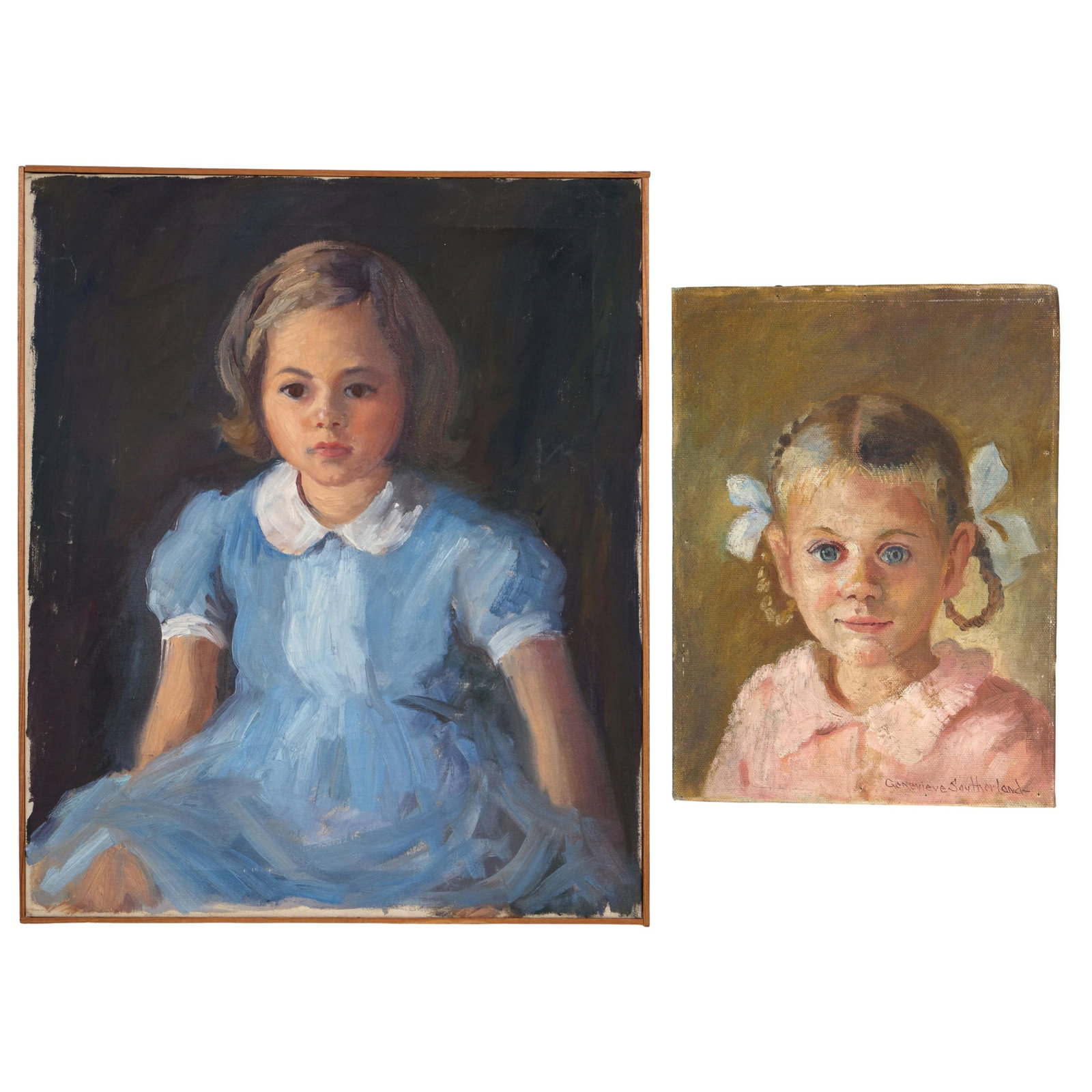 Genevieve Southerland (American/Alabama/Pennsylvania, 1895-1953), Pair of Portraits: Each Depicting: Genevieve Southerland (American/Alabama/Pennsylvania, 1895-1953), Pair of Portraits: Each Depicting a Young Girl, 20th c., the first: oil on canvas, unsigned, presented in a thin wood frame; the secon