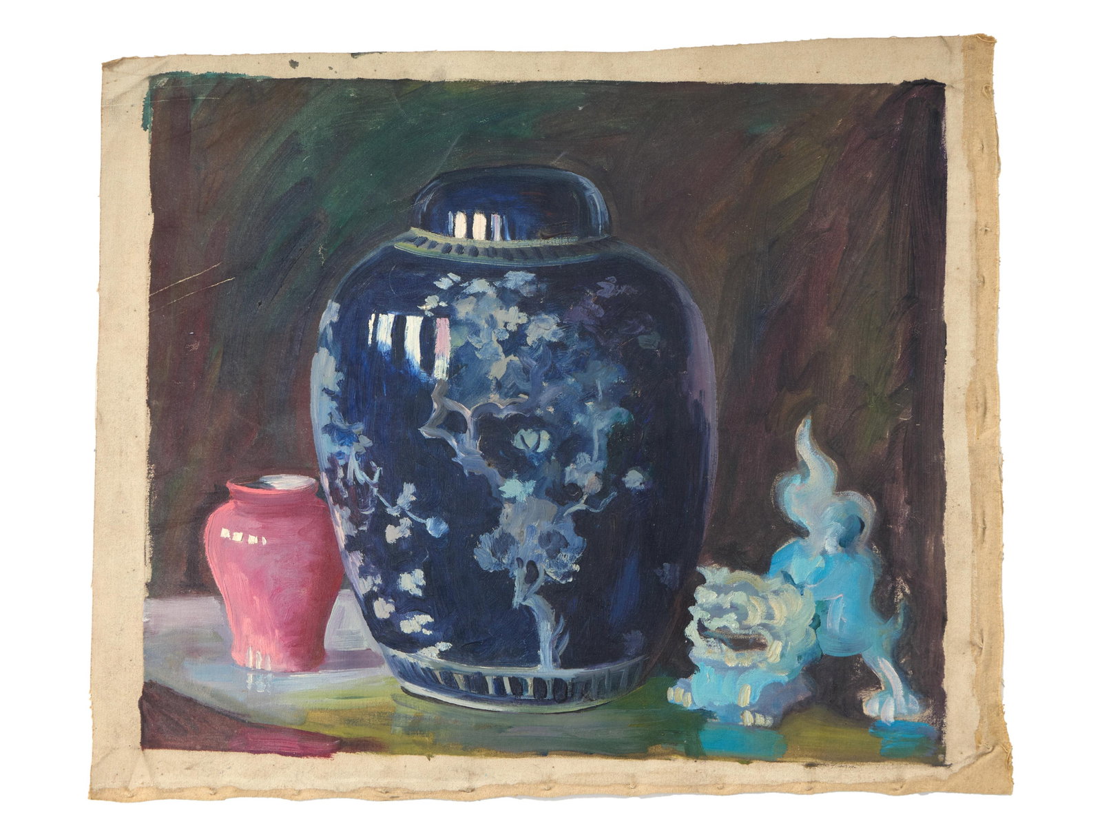 Genevieve Southerland (American/Alabama/Pennsylvania, 1895-1953), "Royal Blue Chinoiserie Vase Still: Genevieve Southerland (American/Alabama/Pennsylvania, 1895-1953), "Royal Blue Chinoiserie Vase Still Life," oil on canvas, unsigned, presented in shrink-wrap, H.- 22 1/2 in., W.- 27 in.
