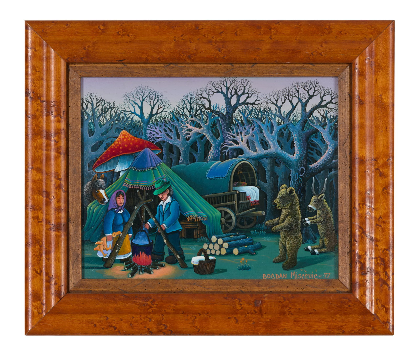 Bogdan Miscevic (Yugoslavia/American, b. 1936), "Campfire with the Bears," 1977, H.- 8 1/2 in., W.-: Bogdan Miscevic (Yugoslavia/American, b. 1936), "Campfire with the Bears," 1977, oil on wood panel, signed and dated lower right, presented in a wood frame, H.- 8 1/2 in., W.- 10 in., Framed- H.- 11 1