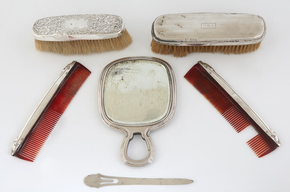 Six Sterling Pieces, 20th c., Largest Brush- H.- 2 in., W.- 7 1/2 in., D.- 2 1/4 in. (6 Pcs.) (1 of 1)