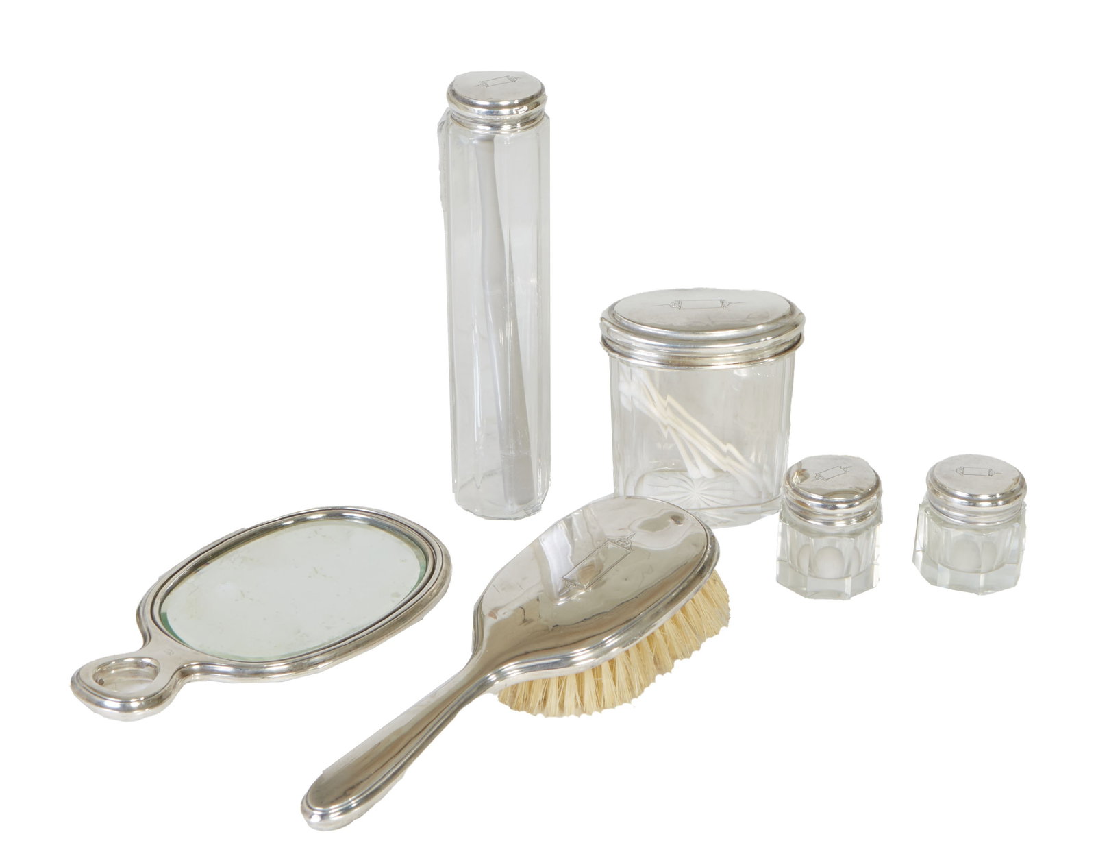 Six Piece Sterling and Glass Dresser Set, early 20th c., Brush- H.- 8 in.; Mirror- H.- 7 3/4 in.; (1 of 4)