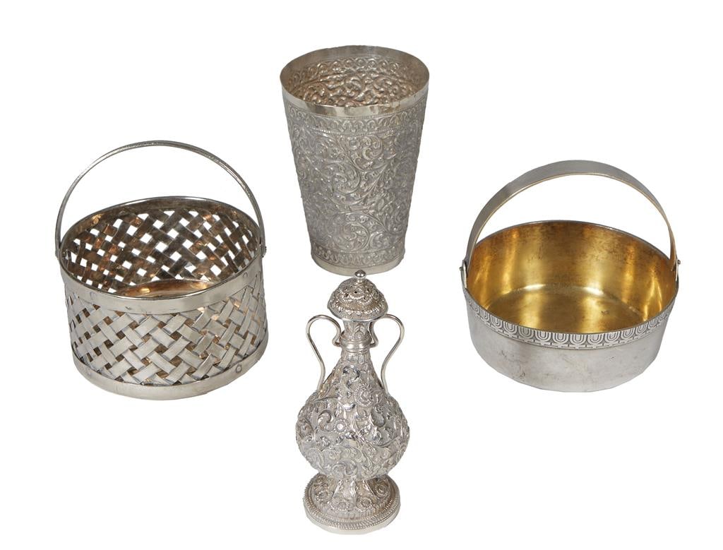 Four Pieces of Silver, Cup- H.- 4 1/4 in., Top Dia.- 3 1/8 in.; Woven Basket- H.- 2 1/4 in., Dia.- 3 (1 of 2)