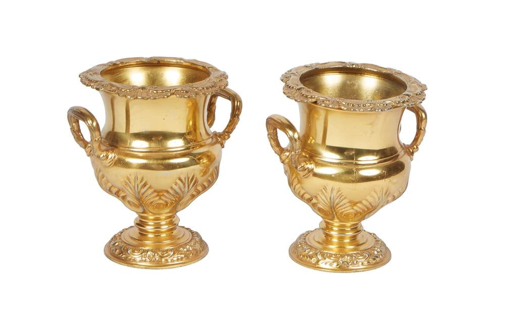 Pair of English Walker and Hall Gilt Silverplated Match Urns, Sheffield, England, early 20th c.,: Pair of English Walker and Hall Gilt Silverplated Match Urns, Sheffield, England, early 20th c., marked #151 on bottom, of baluster handled form, Each- H.- 4 3/4 in., W.- 4 1/4 in., D.- 3 5/8 in. (2 P