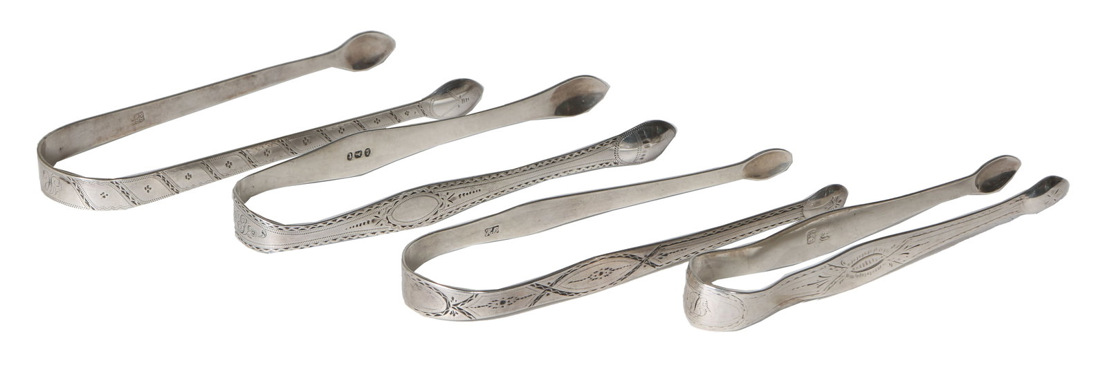 Four Hester Bateman and Family Sterling Silver Sugar Tongs, London, 18th/19th c., H.- 5 3/4 in. (1 of 5)