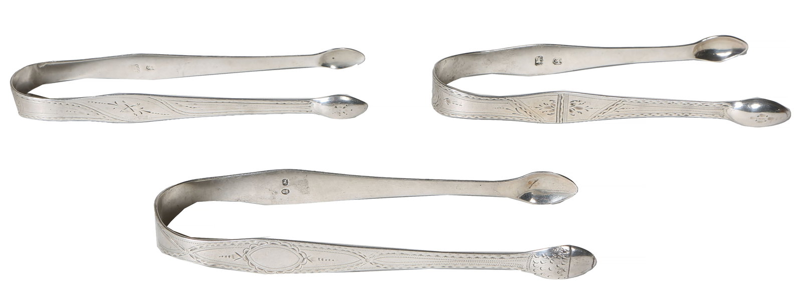 Three Hester Bateman Sterling Sugar Tongs, London, 18th c., H.- 5 1/4 in.; App. Total Sterling Wt.- (1 of 1)