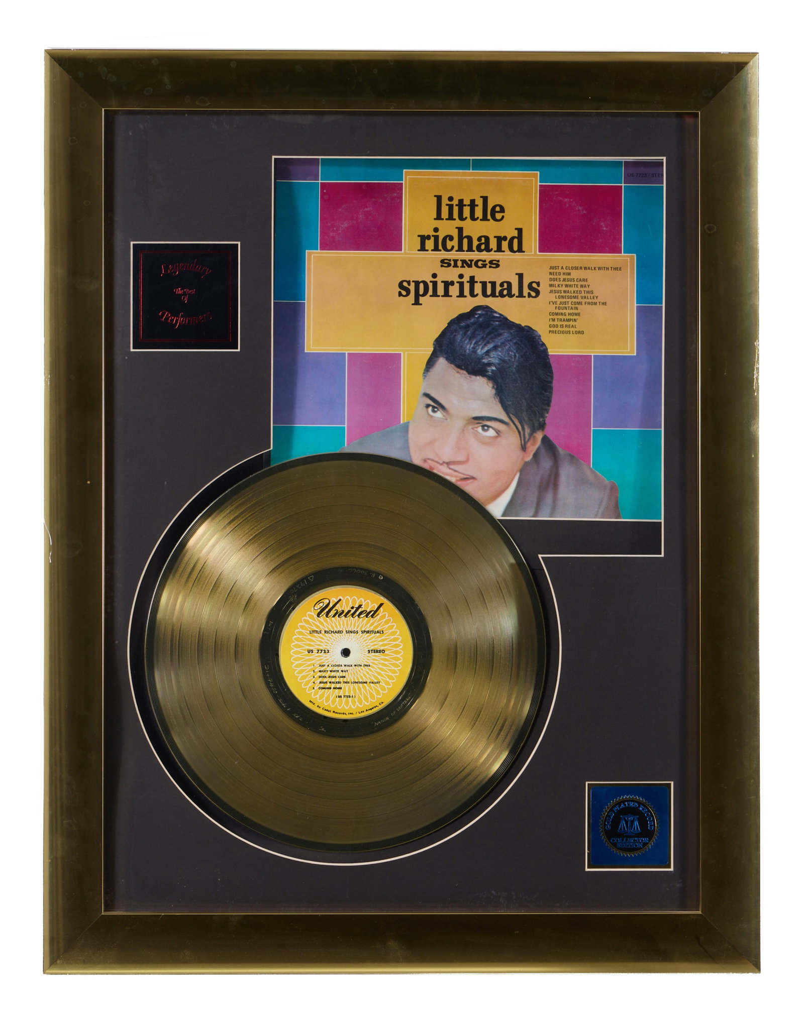 Little Richard "Sings Spirituals" Memorabilia, Overall- H.- 27 in., W.- 21 in.: Little Richard "Sings Spirituals" Memorabilia, with 24 karat gold-plated LP, Legendary Series collector edition, presented with a copy of the album cover and plaque, in a gilt metal frame with plexigl