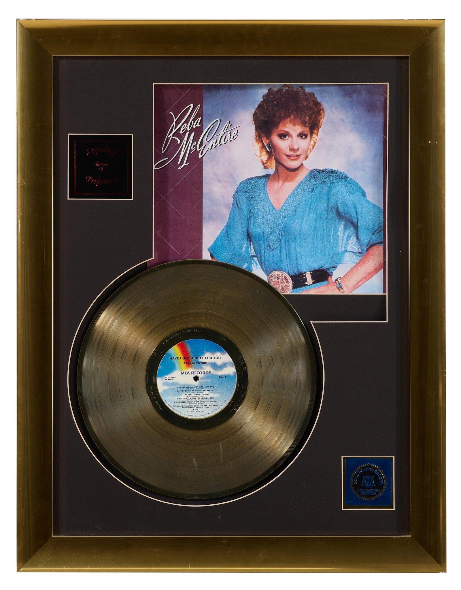 Reba McEntire "Have I Got a Deal for You" Memorabilia, Overall- H.- 27 in., W.- 21 in.: Reba McEntire "Have I Got a Deal for You" Memorabilia, with 24 karat gold-plated LP, Legendary Series collector edition, presented with a copy of the album cover and plaque, in a gilt metal frame with