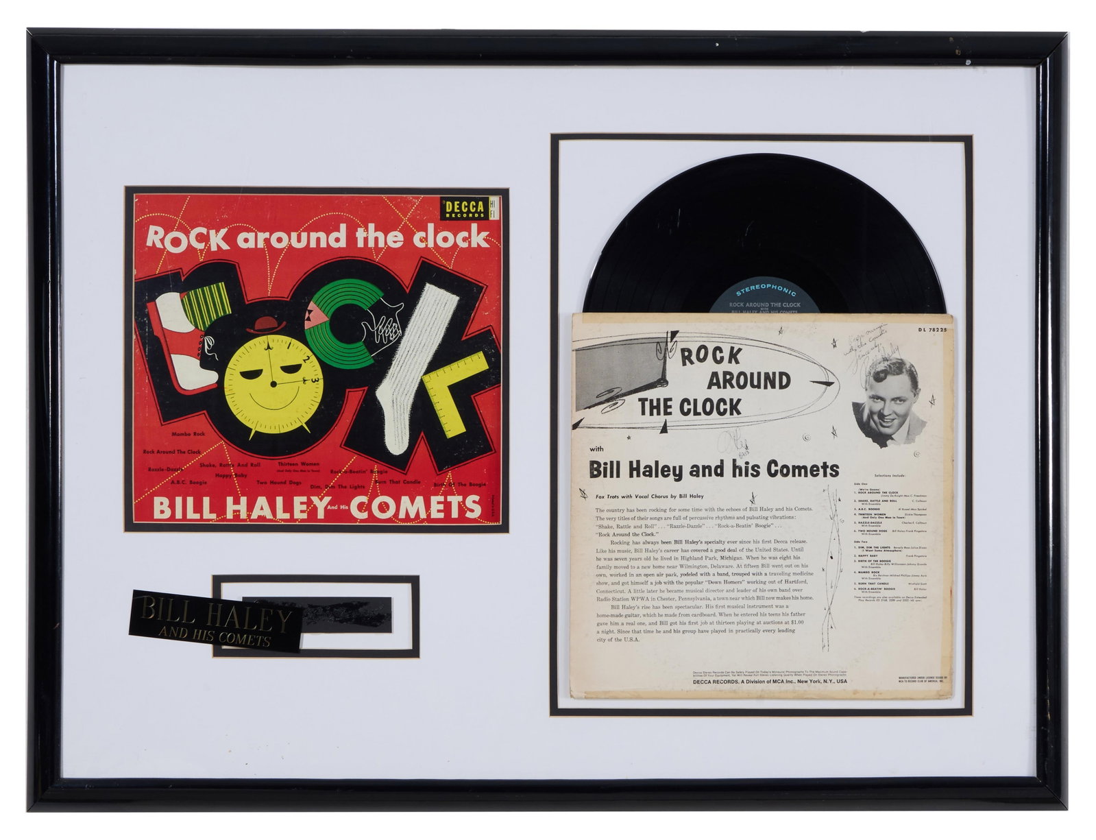 "Bill Haley & His Comets "Rock Around the Clock" Autographed Memorabilia, Overall- H.- 25 1/2 in.,: "Bill Haley & His Comets "Rock Around the Clock" Autographed Memorabilia, Decca LP with original back of album cover signed and inscribed "Keep Swingin with the Comets, Bill Haley," presented with a c