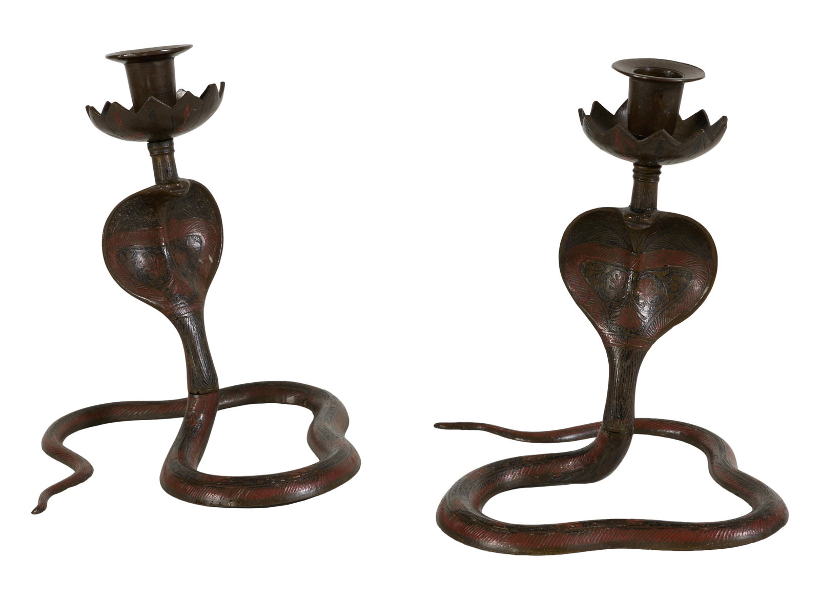 Pair of Patinated Bronze Coiled Cobra Candlesticks, 20th c., H.- 7 1/2 in., W.- 7 3/4 in., D.- 6 1/2 (1 of 1)
