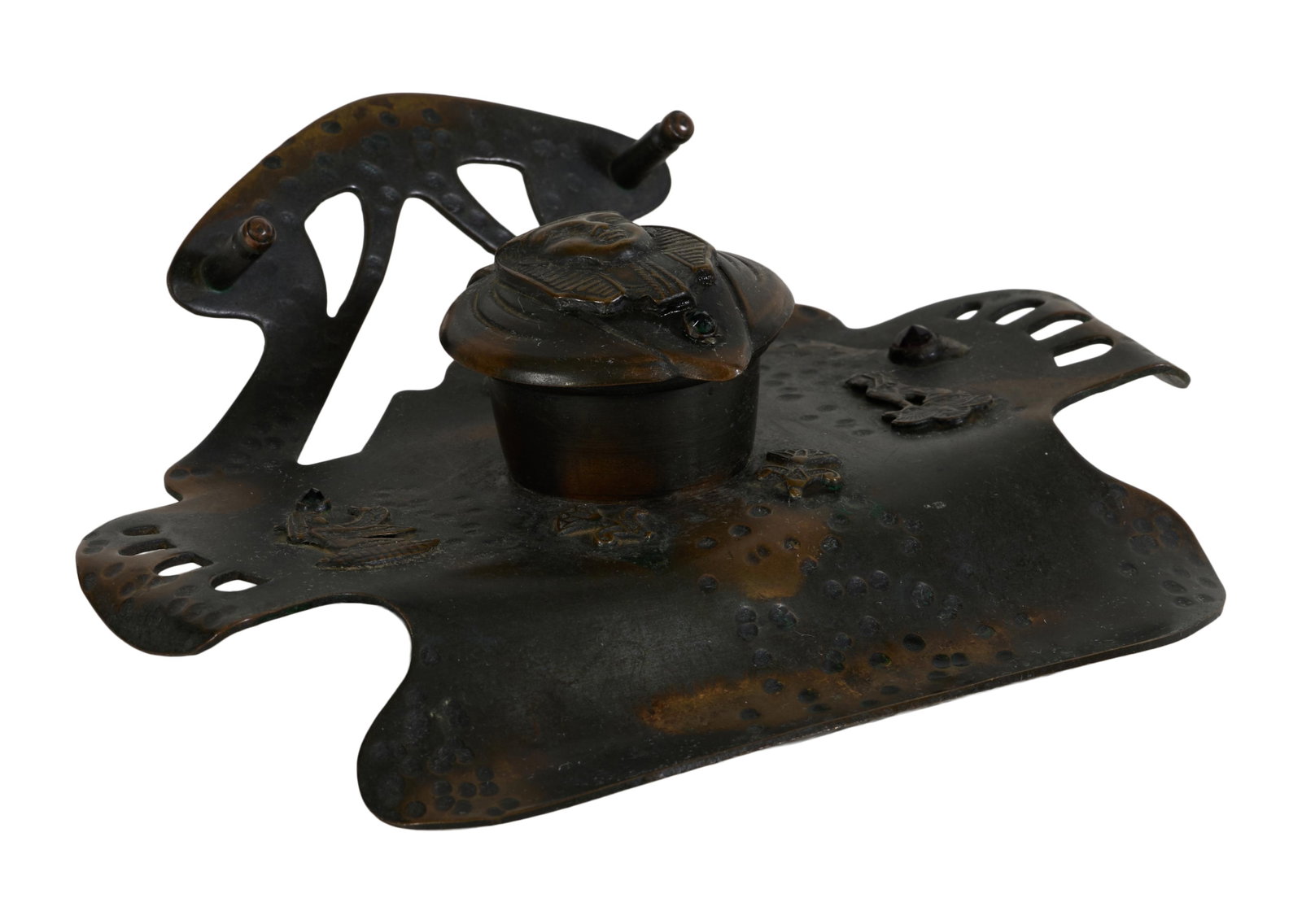Egyptian Revival Patinated Bronze Inkwell, early 20th c., H.- 1 1/2 in., W.- 6 1/2 in., D.- 5 1/4 (1 of 2)