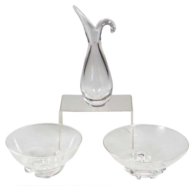 Three Pieces of Steuben Glass, Vase- H.- 9 7/8 in., W.- 3 1/4 in., D.- 4 1/2 in.; Three Feet Bowl- (1 of 5)