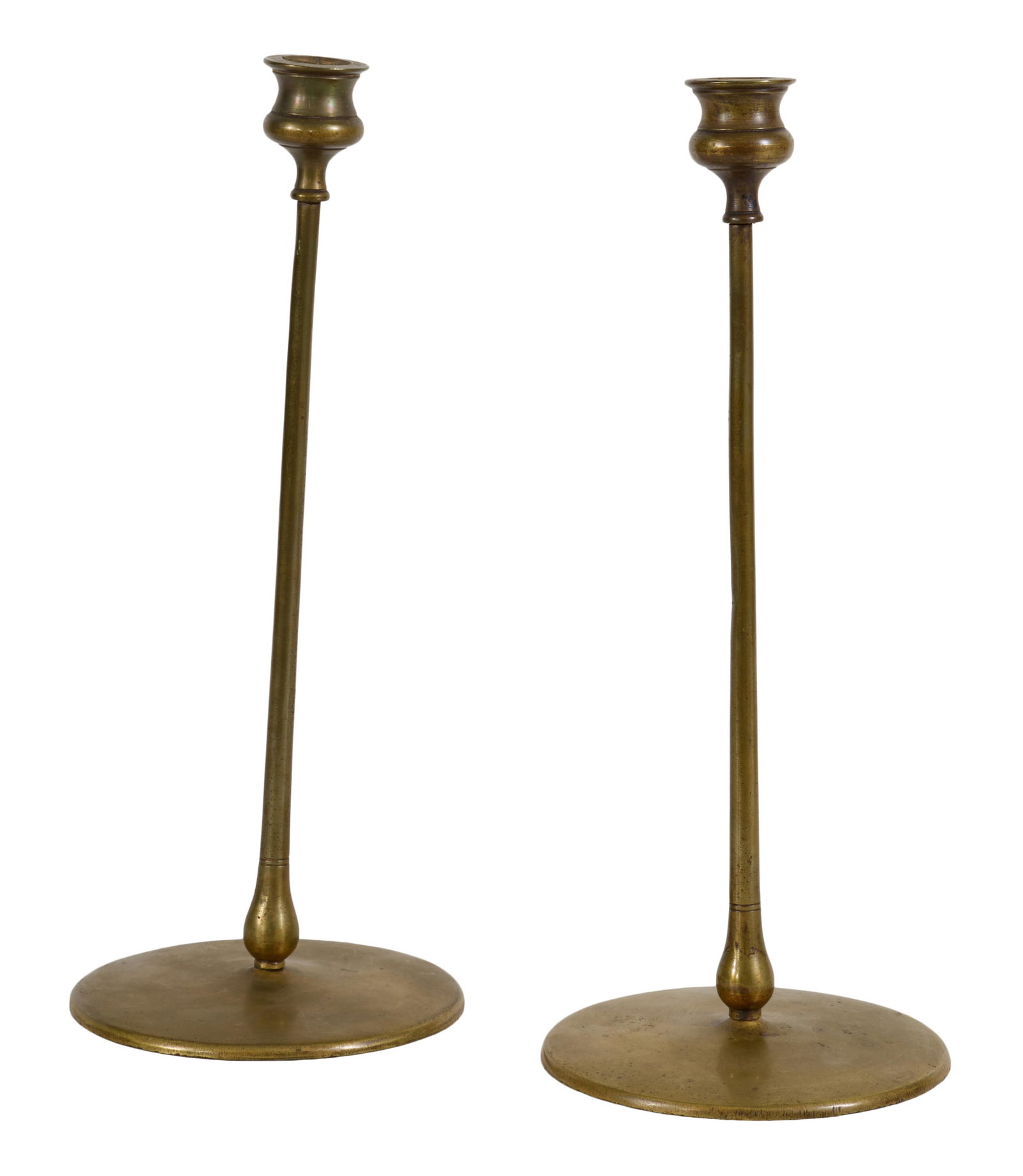 Pair of Tall Patinated Bronze Art Nouveau Single Candlesticks, early 20th c., H.- 13 1/4 in., Dia.- (1 of 1)
