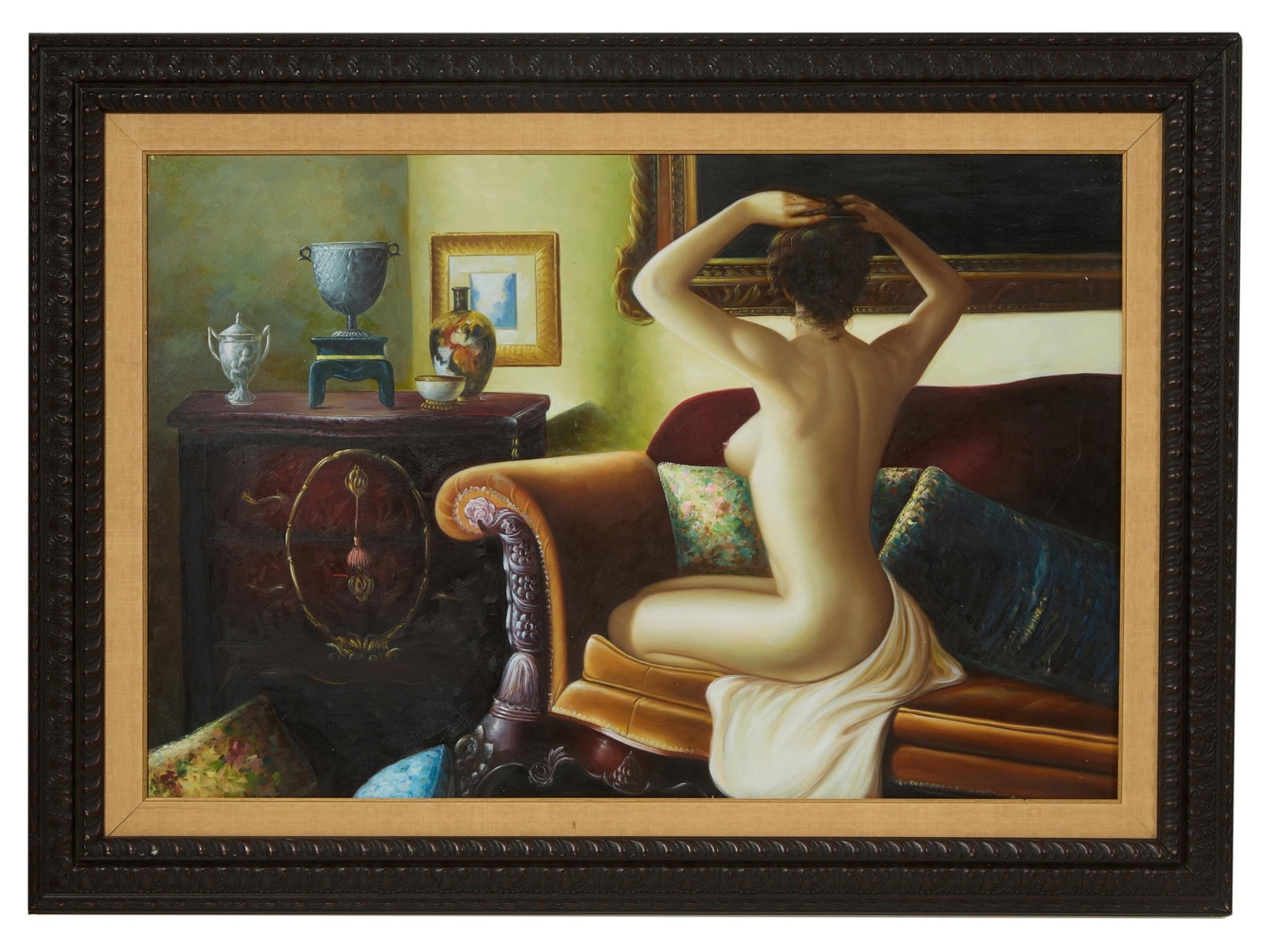 American School (20th Century), "Interior Scene Female Nude Seated on a Divan," H.- 24 in., W.- 36 (1 of 3)