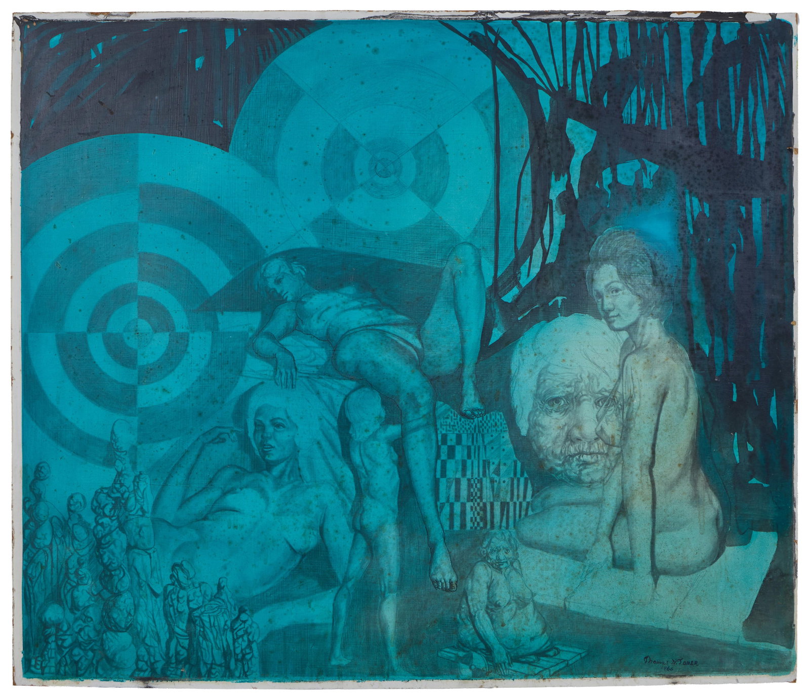 Thomas N. Toner (American/Pennsylvania/Florida, 1941-2007), "Surrealist Nudes in Teal," 1966, H.- 27: Thomas N. Toner (American/Pennsylvania/Florida, 1941-2007), "Surrealist Nudes in Teal," 1966, mixed media print on masonite enhanced with ink, signed and dated lower right, unframed, H.- 27 3/4 in., W