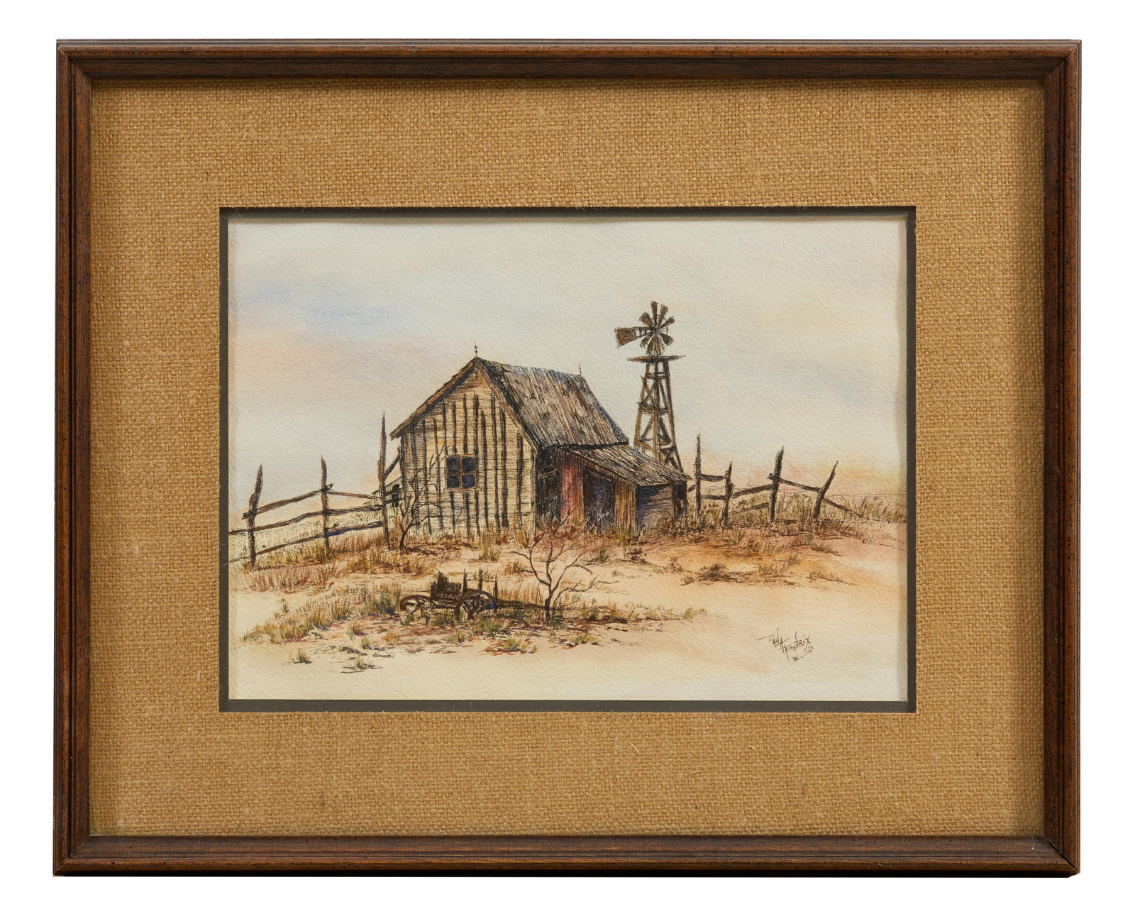 Diana Hendrix (American), "Southwest Cabin on the Prairie," 1973, Sight- H.- 10 in., W.- 14 in.,: Diana Hendrix (American), "Southwest Cabin on the Prairie," 1973, watercolor and ink on paper, signed and dated lower right, presented in a wood frame, Sight- H.- 10 in., W.- 14 in., Framed- H.- 17 1/