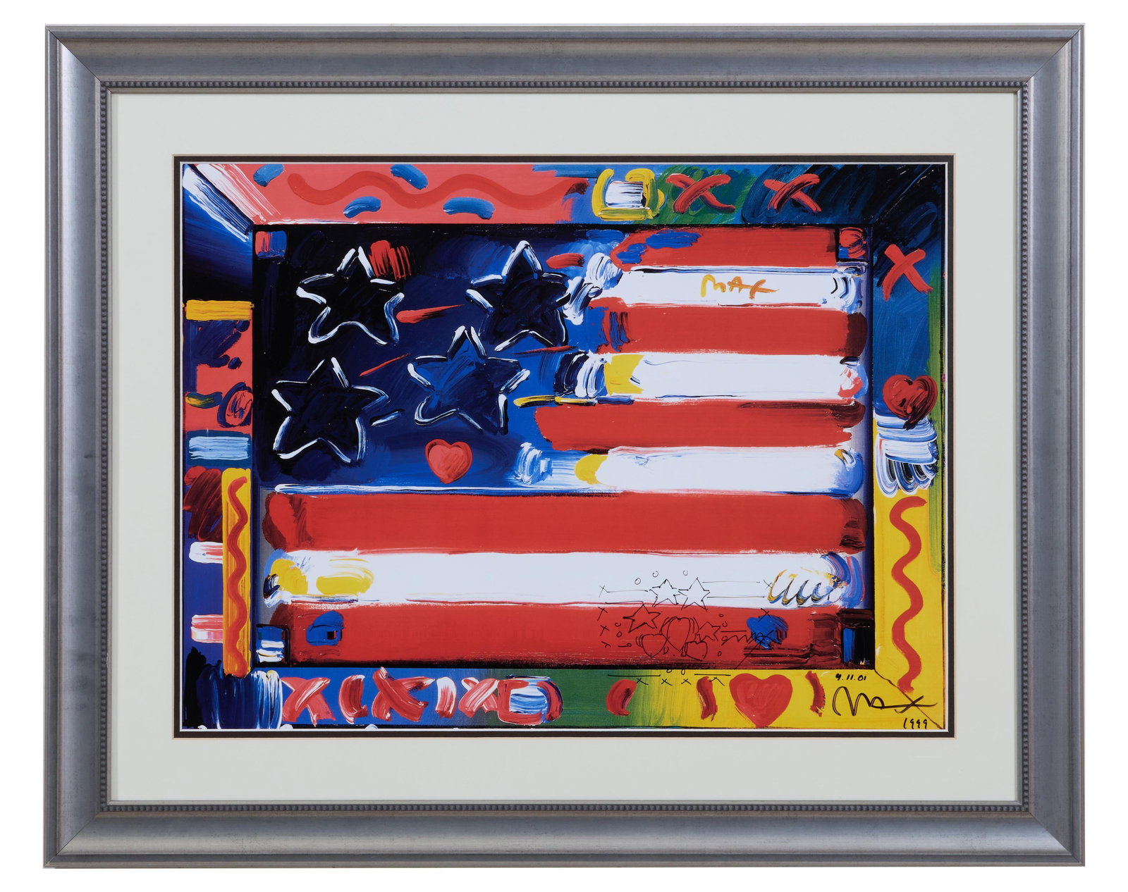 Peter Max (German/American, b. 1937), "America (Flag with Hearts)," 1999, Sight- H.- 17 1/2 in., W.- (1 of 9)