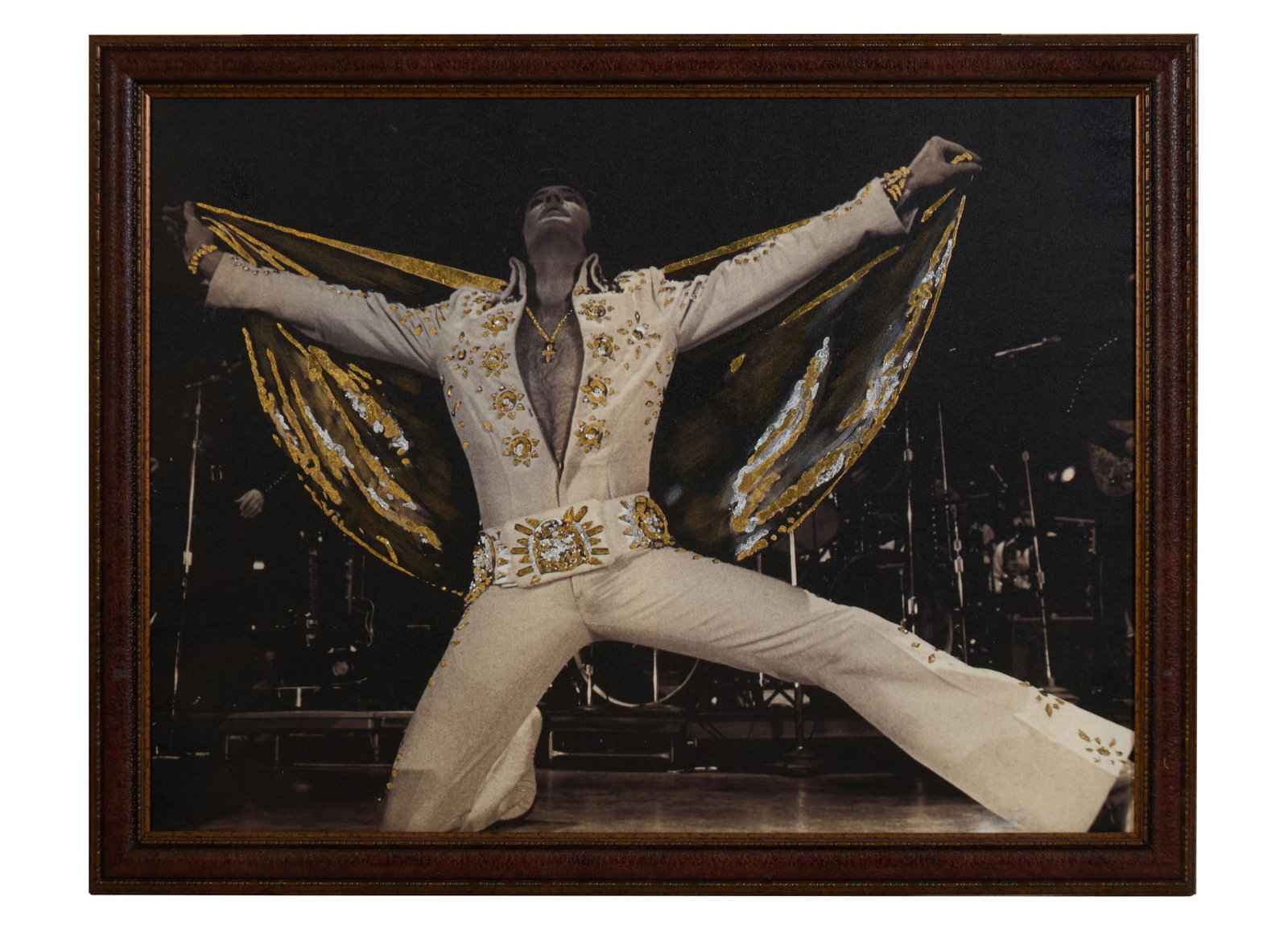 American School (20th/21st Century), "Elvis," H.- 30 in., W.- 40 in., Framed- H.- 35 in., W.- 44 1/2: American School (20th/21st Century), "Elvis," embellished giclee with glitter on canvas, unsigned, presented in a faux wood frame, H.- 30 in., W.- 40 in., Framed- H.- 35 in., W.- 44 1/2 in.