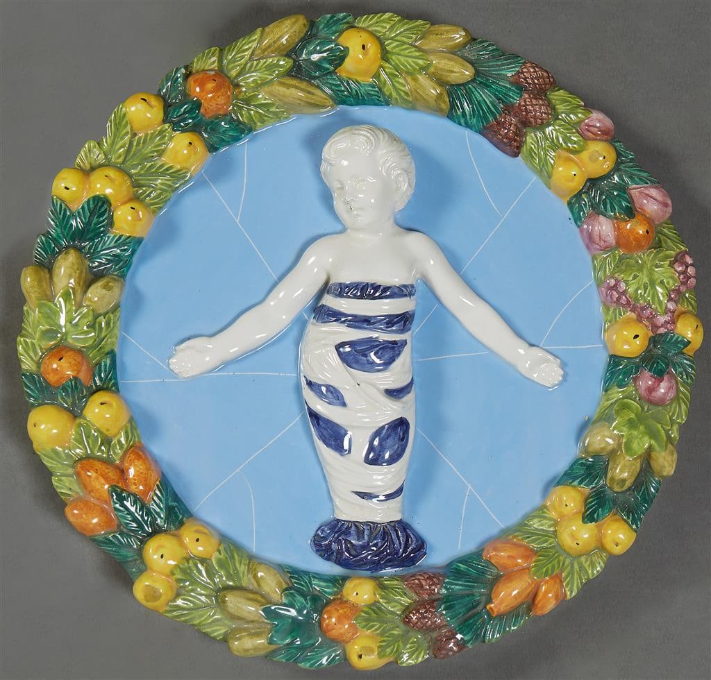 Italian Polychromed Majolica Relief Plaque, 20th c., H.- 1 3/4 in., Dia.- 12 1/2 in. (1 of 3)