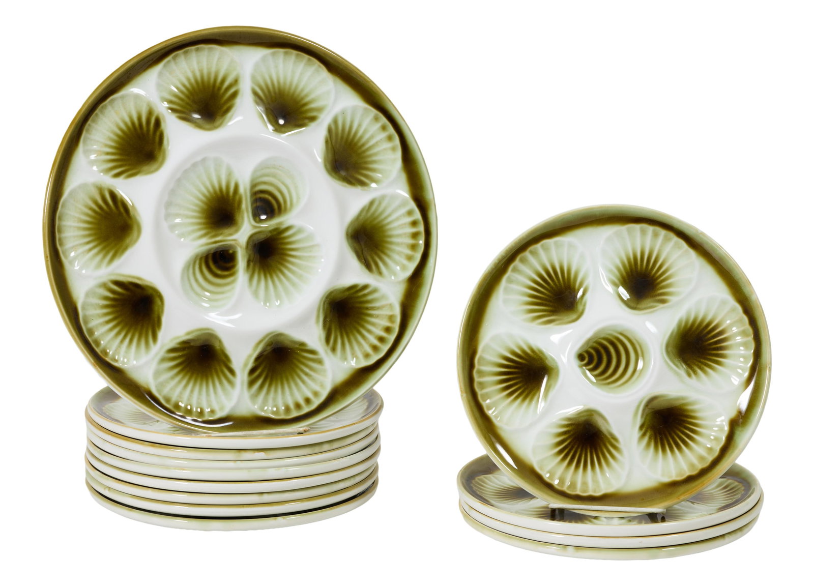 Thirteen Piece Ceramic Oyster Set, by Moulin Loups, 20th c., Plates- H.- 5/8 in., Dia.- 9 3/4 in. (1 of 2)