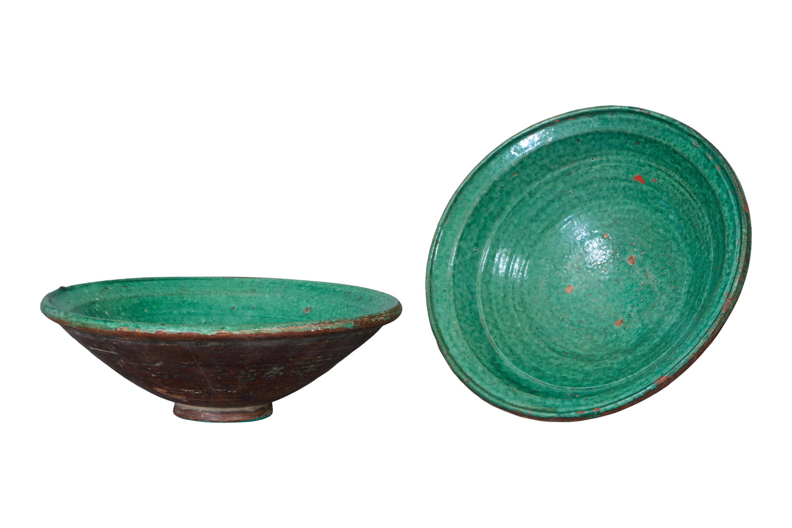 Pair of French Green Earthenware Bowls, 19th c., Smaller- H.- 4 in., Dia.- 11 1/2 in.; Larger- H.- 4: Pair of French Green Earthenware Bowls, 19th c., the round terra cotta body with a flared rim, on a foot rim, raised foot rim, Smaller- H.- 4 in., Dia.- 11 1/2 in.; Larger- H.- 4 in., Dia.- 12 in. (2 