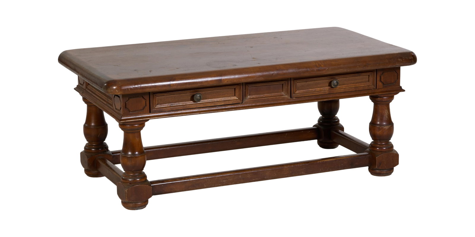 French Charles X Inspired Low Beech Table, 20th/21st c., H.- 19 in., W.- 47 in., D.- 25 1/2 in.: French Charles X Inspired Low Beech Table, 20th/21st c., the thick plank top with rounded corners, two frieze drawers, baluster turned legs, stretchered into blocks, bun feet, H.- 19 in., W.- 47 in., 