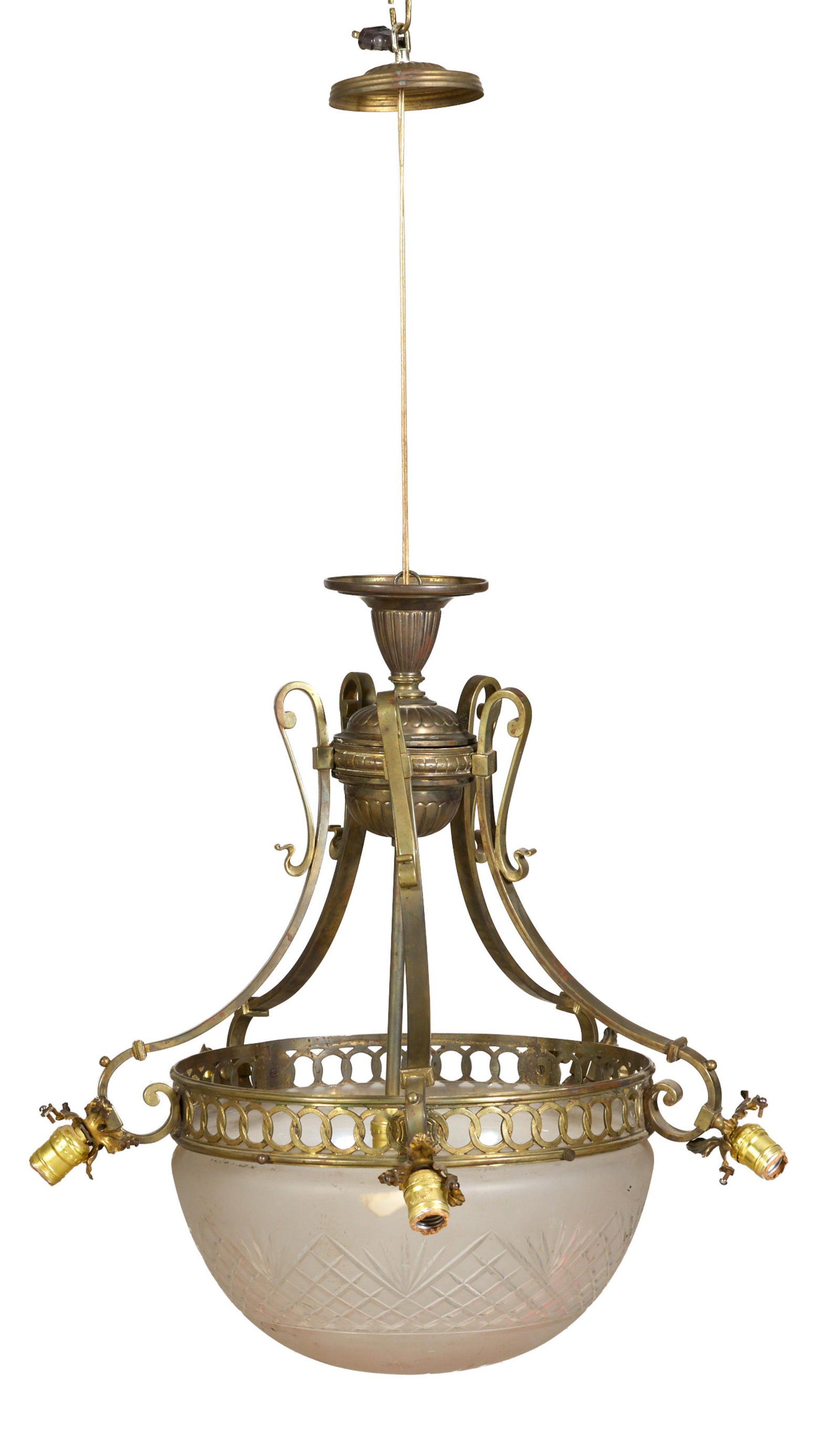 Art Nouveau Gilt Brass Six Light Chandelier, early 20th c., H.- 23 in., W.- 26 in., D.- 26 in.: Art Nouveau Gilt Brass Six Light Chandelier, early 20th c., the reeded urn support issuing six scrolled arms, joined to a pierced chain link belt, supporting a frosted cut glass domed shade to five ex