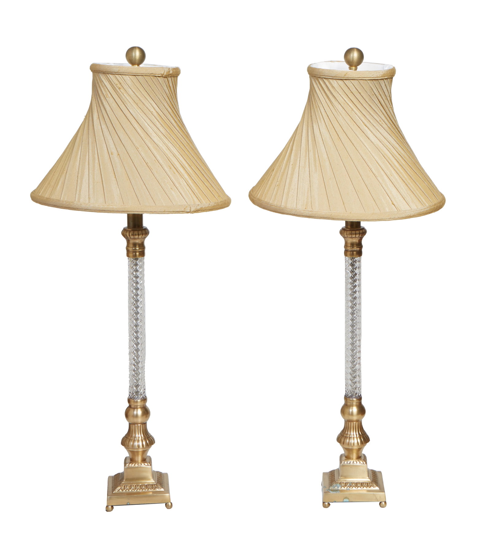 Pair of Gilt Iron and Crystal Candlestick Lamps, 20th c., H.- 19 1/2 In., W.- 4 1/8 in., D.- 4 1/8 (1 of 2)