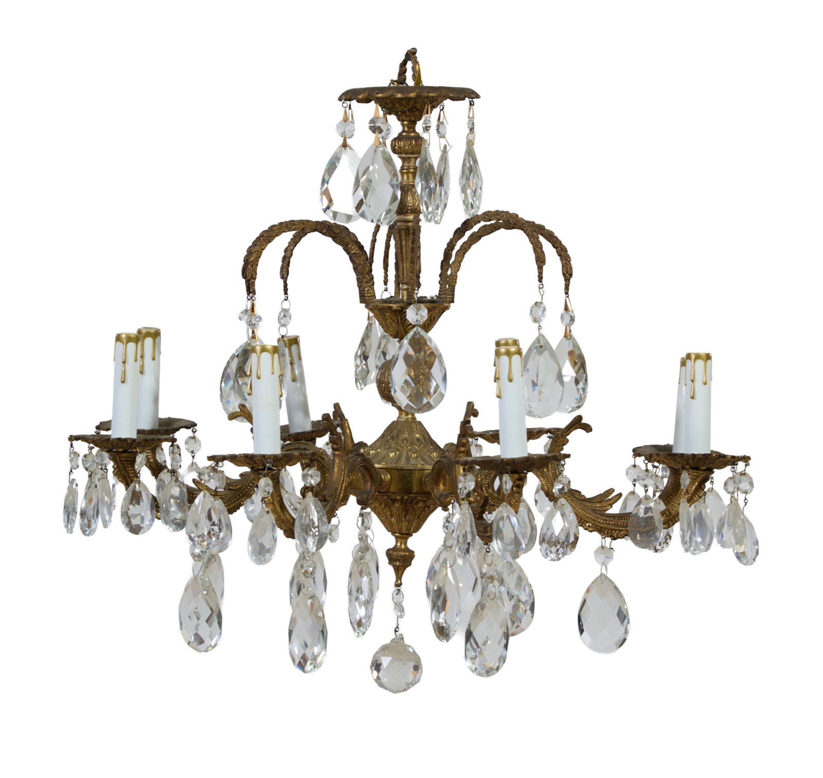 Spanish Brass and Crystal Six Light Chandelier, 20th c., H.- 21 1/2 in., Dia.- 25 1/4 in. (1 of 1)