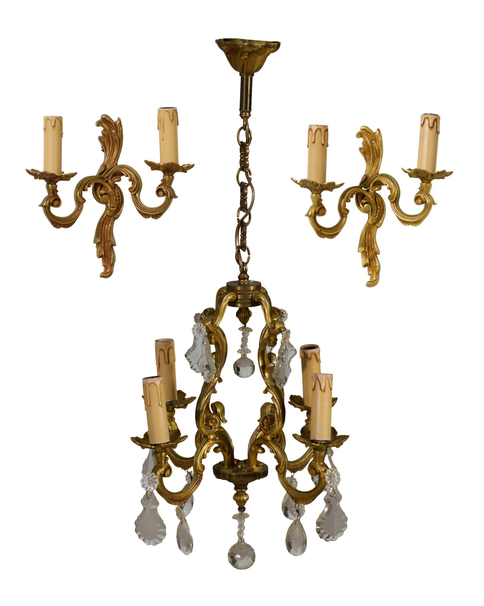 Three Pieces of Louis XV Style Gilt Bronze Lighting, 20th c., Sconces- H.- 8 in., W.- 11 in., D.- 6 (1 of 6)
