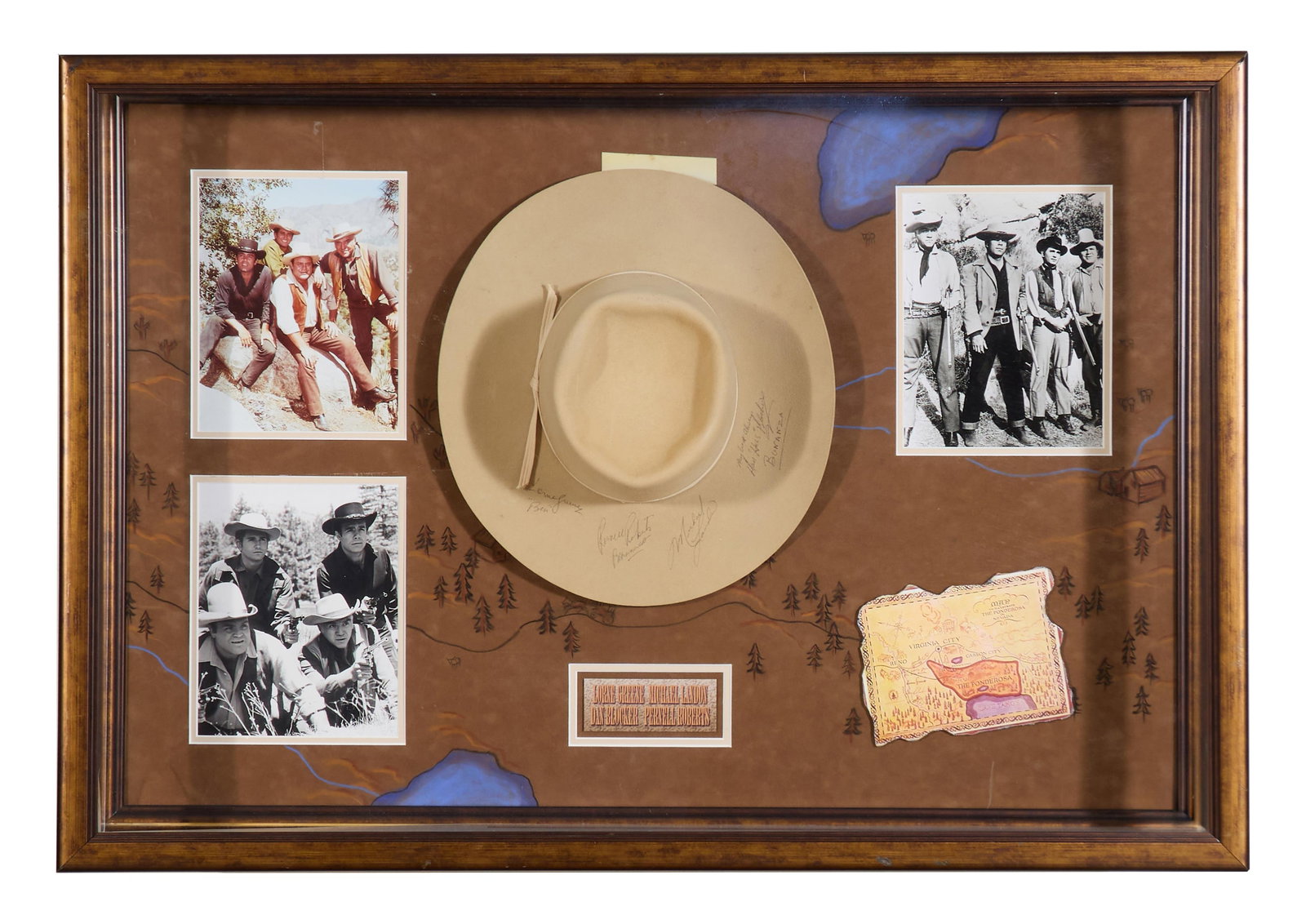 Autographed Memorabilia from The TV Series Bonanza (1959-1973), Overall- H.- 31 in., W.- 44 in.: Autographed Memorabilia from The TV Series Bonanza (1959-1973), with a signed cowboy hat by Lorne Greene, Michael Landon, Dan Blocker and Pernell Roberts, presented with photographs from the show in a
