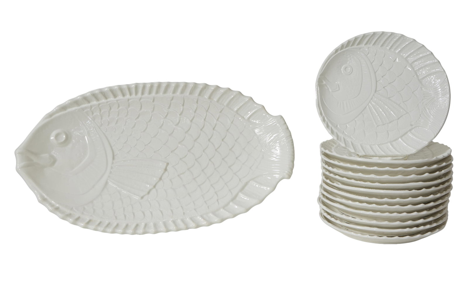 French Thirteen Piece Ceramic Fish Set, 20th c., Platter- H.- 1 1/2 in., W.- 21 in., D.- 11 1/2 in.; (1 of 1)