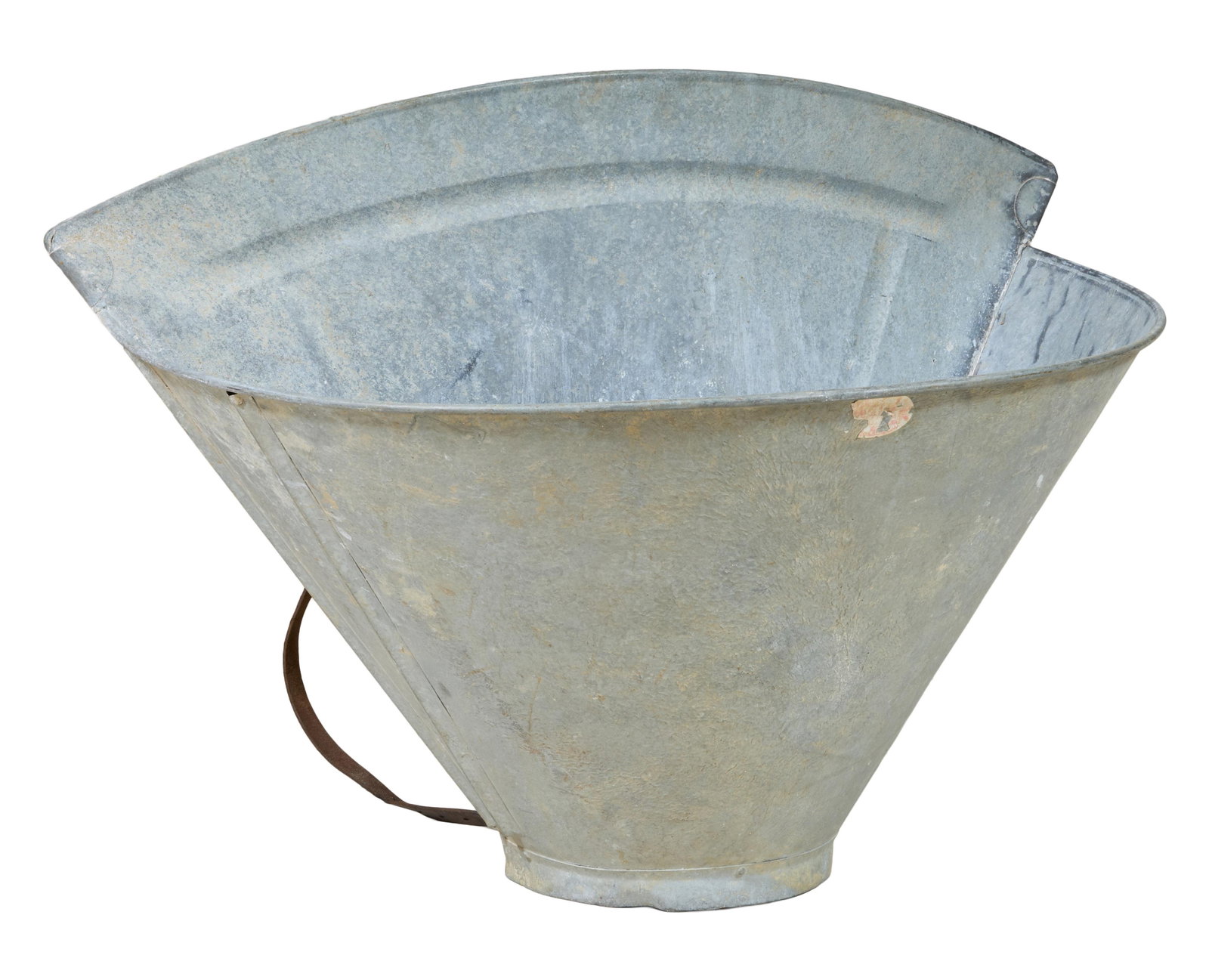 French Galvanized Tin Grape Gathering Basket, Bordeaux, 20th c., H.- 25 in., W.- 36 in., D.- 20 in.: French Galvanized Tin Grape Gathering Basket, Bordeaux, 20th c., flat arched back, tapered conical body with flat bottom, two leather back straps, H.- 25 in., W.- 36 in., D.- 20 in.