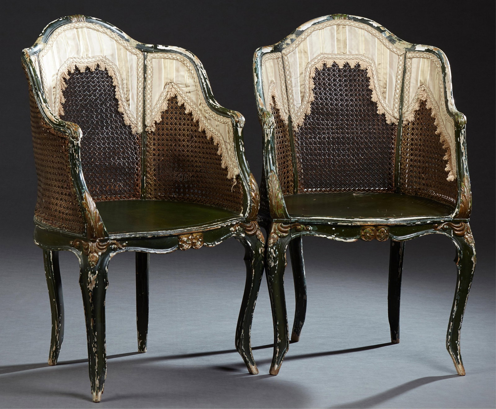Pair of French Louis XV Style Polychromed Carved Bergeres, 20th c., Each- H.- 35 in., W.- 21 in., (1 of 1)
