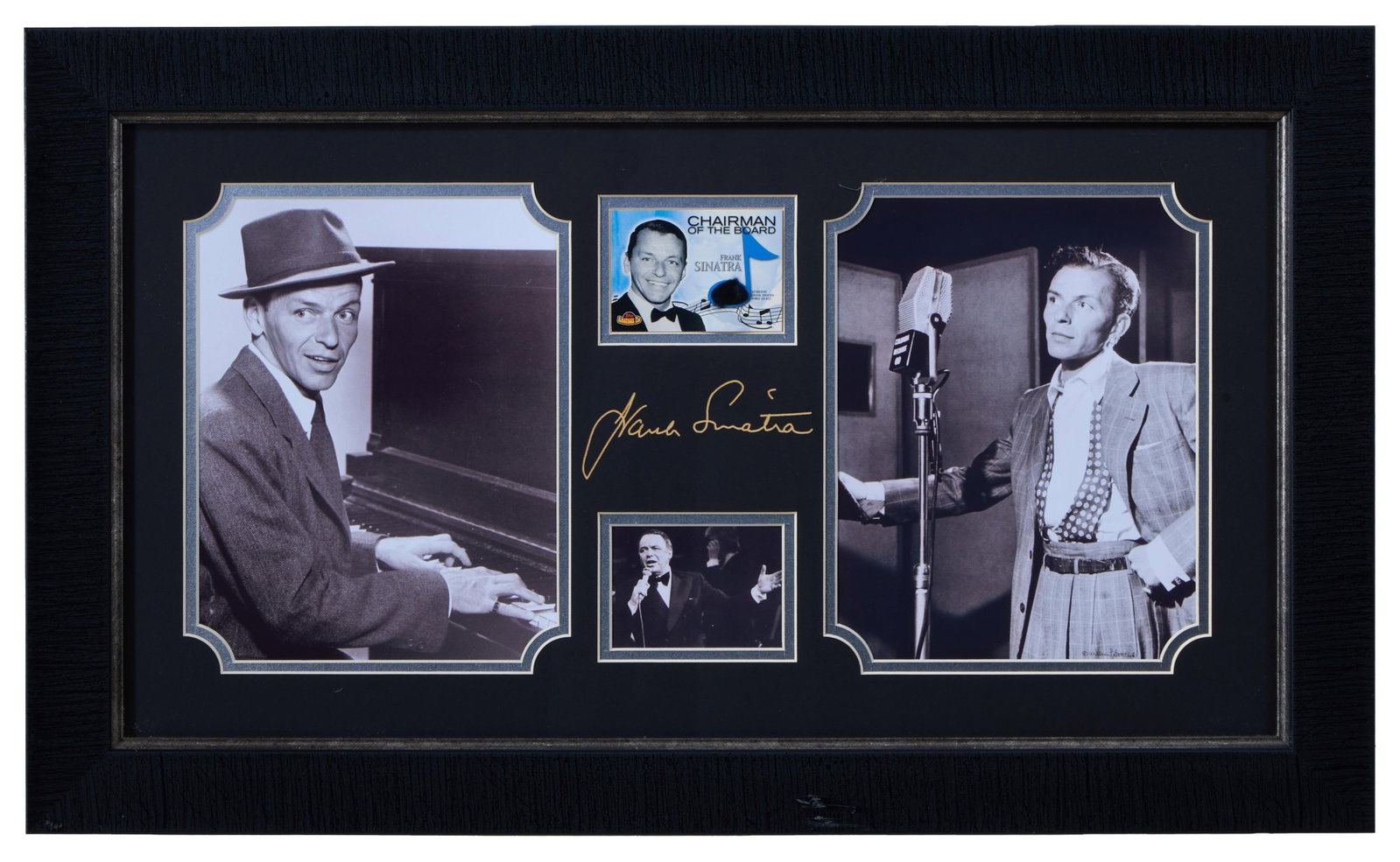 Frank Sinatra Autographed Memorabilia, Overall- H.- 16 1/2 in., W.- 27 1/2 in.: Frank Sinatra Autographed Memorabilia, consisting of three photographs of Sinatra, centered by a laser signature and a "Chairman of the Board" card containing a cloth patch from one of Sinatra's suits