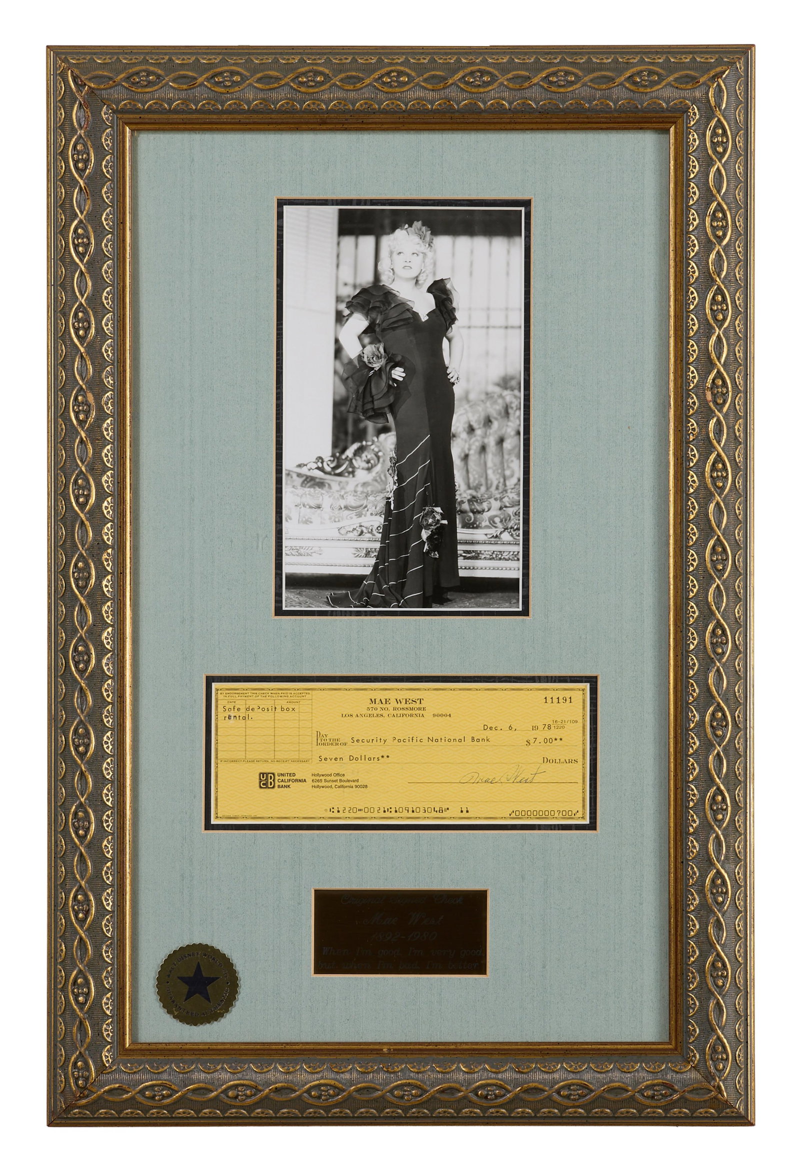 Mae West Autographed Memorabilia, Overall- H.- 23 1/4 in., W.- 15 1/4 in. (1 of 8)