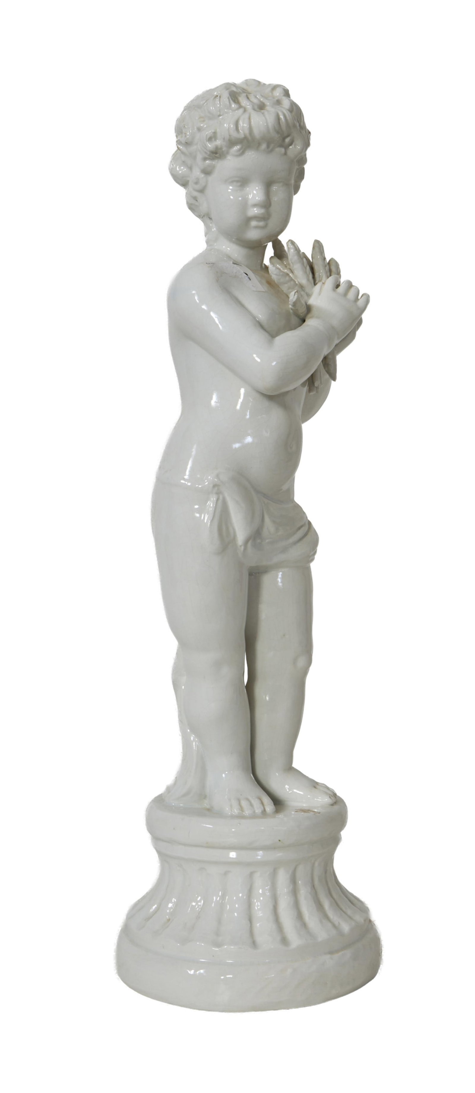 Large Italian White Ceramic Figure of a Putto, 20th c., H.- 21 in., Dia.- 6 1/4 in.: Large Italian White Ceramic Figure of a Putto, 20th c., holding sheaves of wheat, on an integral sloping circular base, H.- 21 in., Dia.- 6 1/4 in.