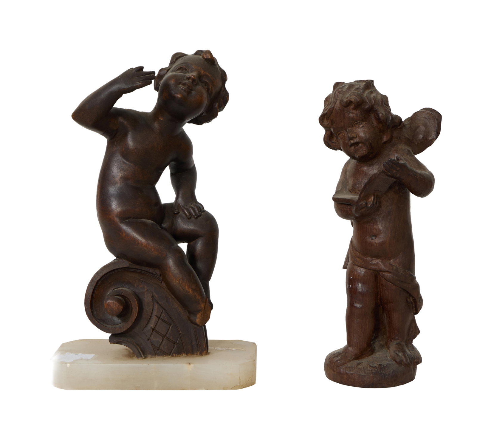 Two Carved Mahogany Putto Figures, 19th c., Alabaster- H.- 12 1/2 in., W.- 7 in., D.- 3 3/8 in. (2 (1 of 3)