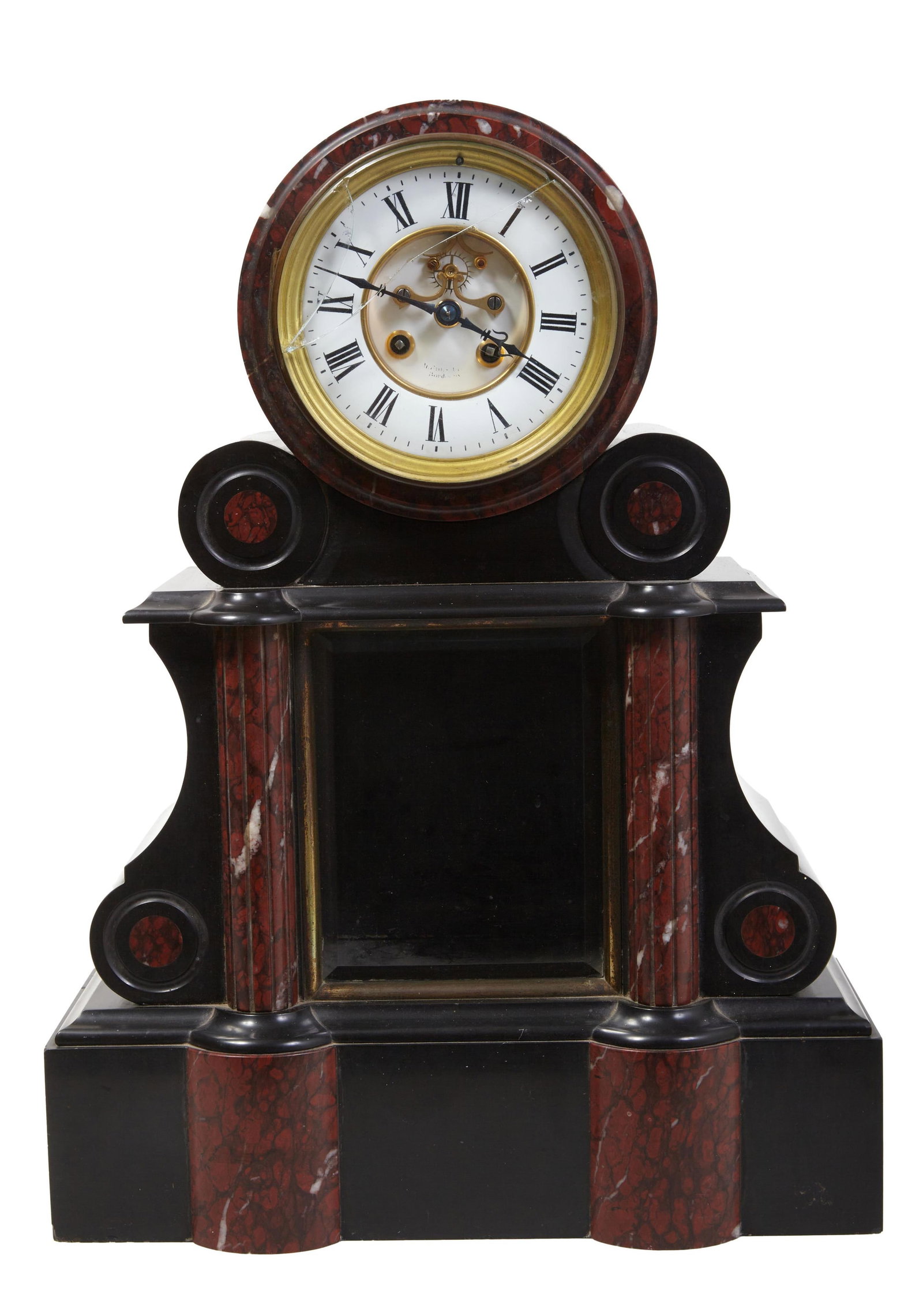 French Inlaid Marble Mantel Clock, late 19th c., H.- 18 7/8 in., W.- 14 in., D.- 6 1/2 in. (1 of 2)