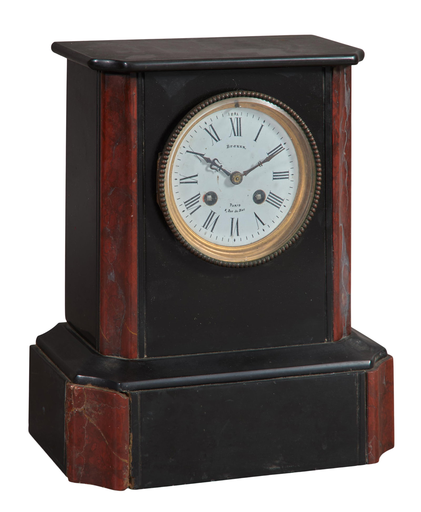 French Napoleon III Two Tone Marble Mantel Clock, late 19th c., H.- 11 1/2 in., W.- 10 in., D.- 5: French Napoleon III Two Tone Marble Mantel Clock, late 19th c., the tombstone shaped black marble case with veined rouge marble stiles and base corners, beaded gilt dial surround, roman numeral dial m