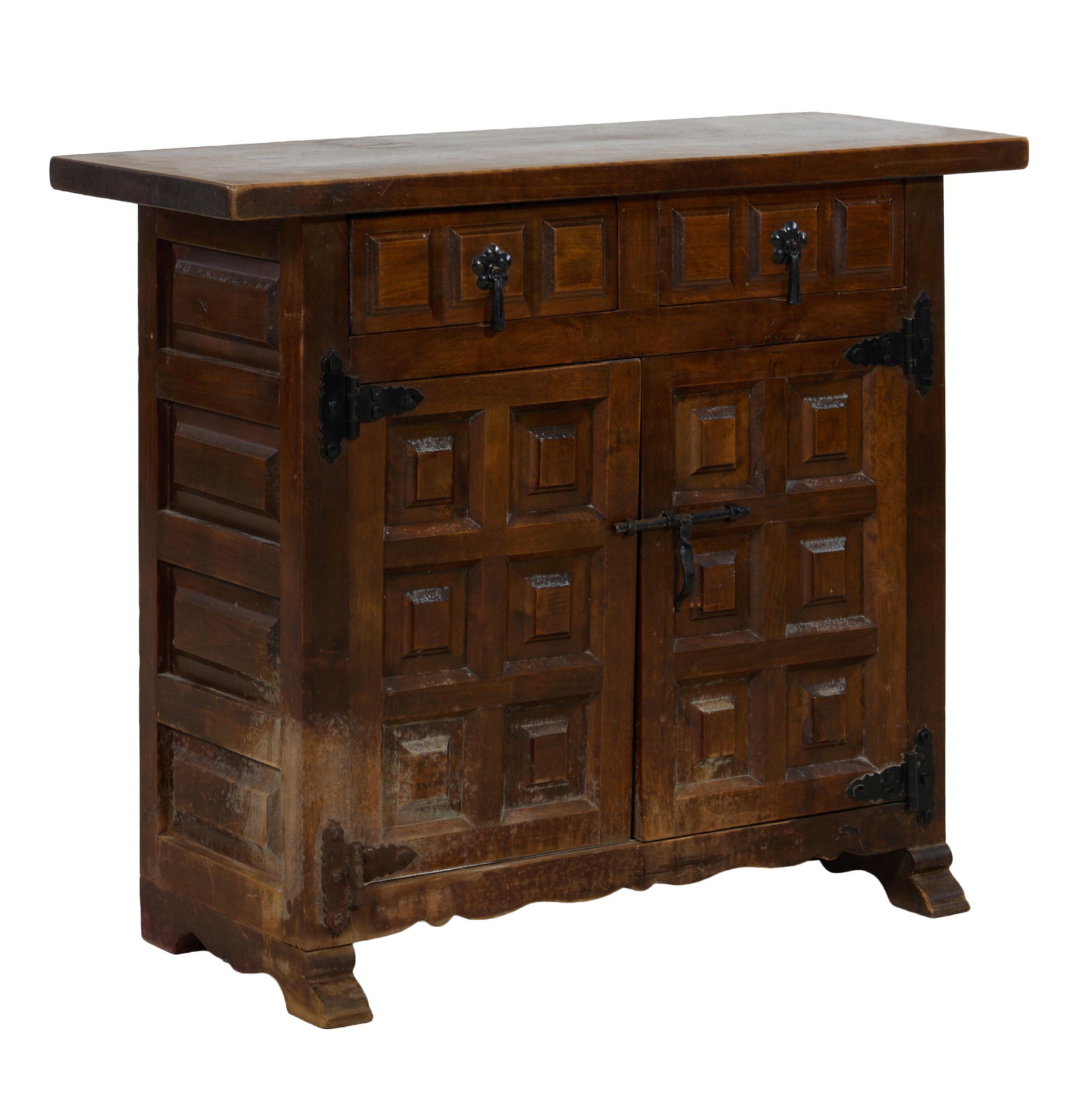 French Provincial Walnut Cabinet, 20th c., H.- 30 in., W.- 35 1/2 in., D.- 14 in.: French Provincial Walnut Cabinet, 20th c., the rectangular plank top over two frieze drawers over pair of raised panel doors, shaped apron joining sloped runner feet, H.- 30 in., W.- 35 1/2 in., D.- 1