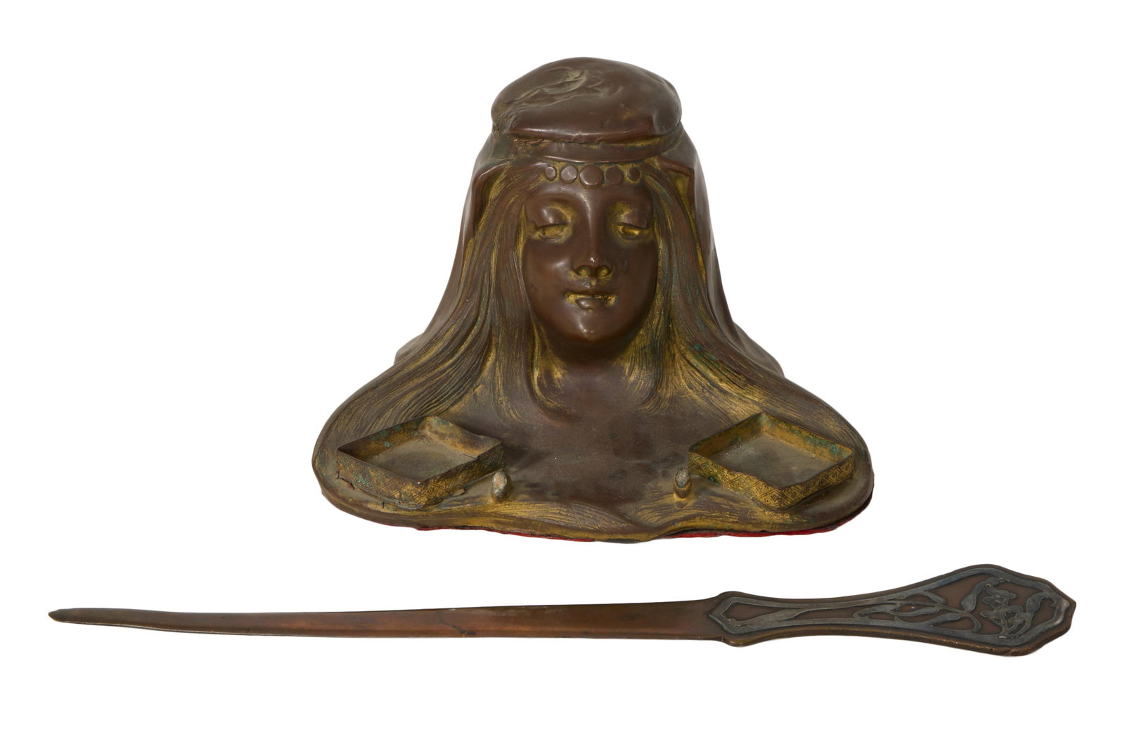 Art Nouveau Copper Patinated Spelter Desk Set, c.1900, Inkwell- H.- 5 1/4 in., W.- 7 1/4 in., D.- 6 (1 of 5)